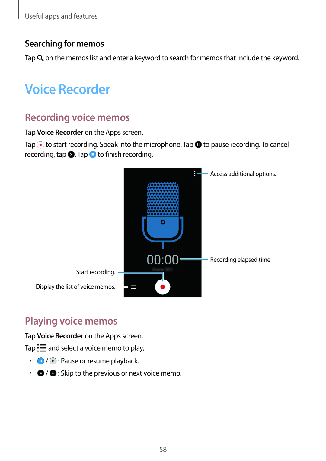 Samsung SM-G318HRWZXXV, SM-G318HZKZXXV Voice Recorder, Recording voice memos, Playing voice memos, Searching for memos 