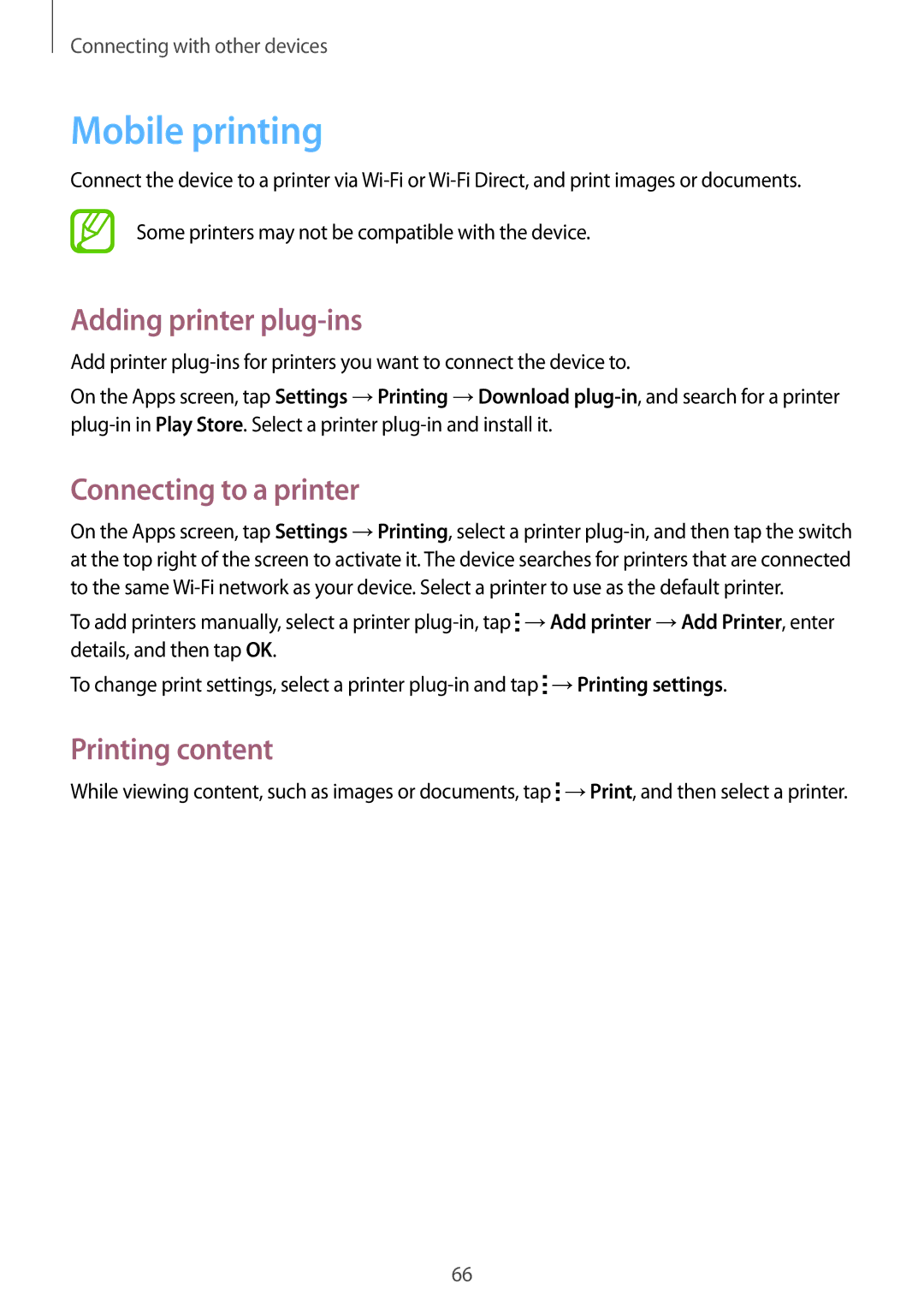 Samsung SM-G318HRWZXXV, SM-G318HZKZXXV Mobile printing, Adding printer plug-ins, Connecting to a printer, Printing content 