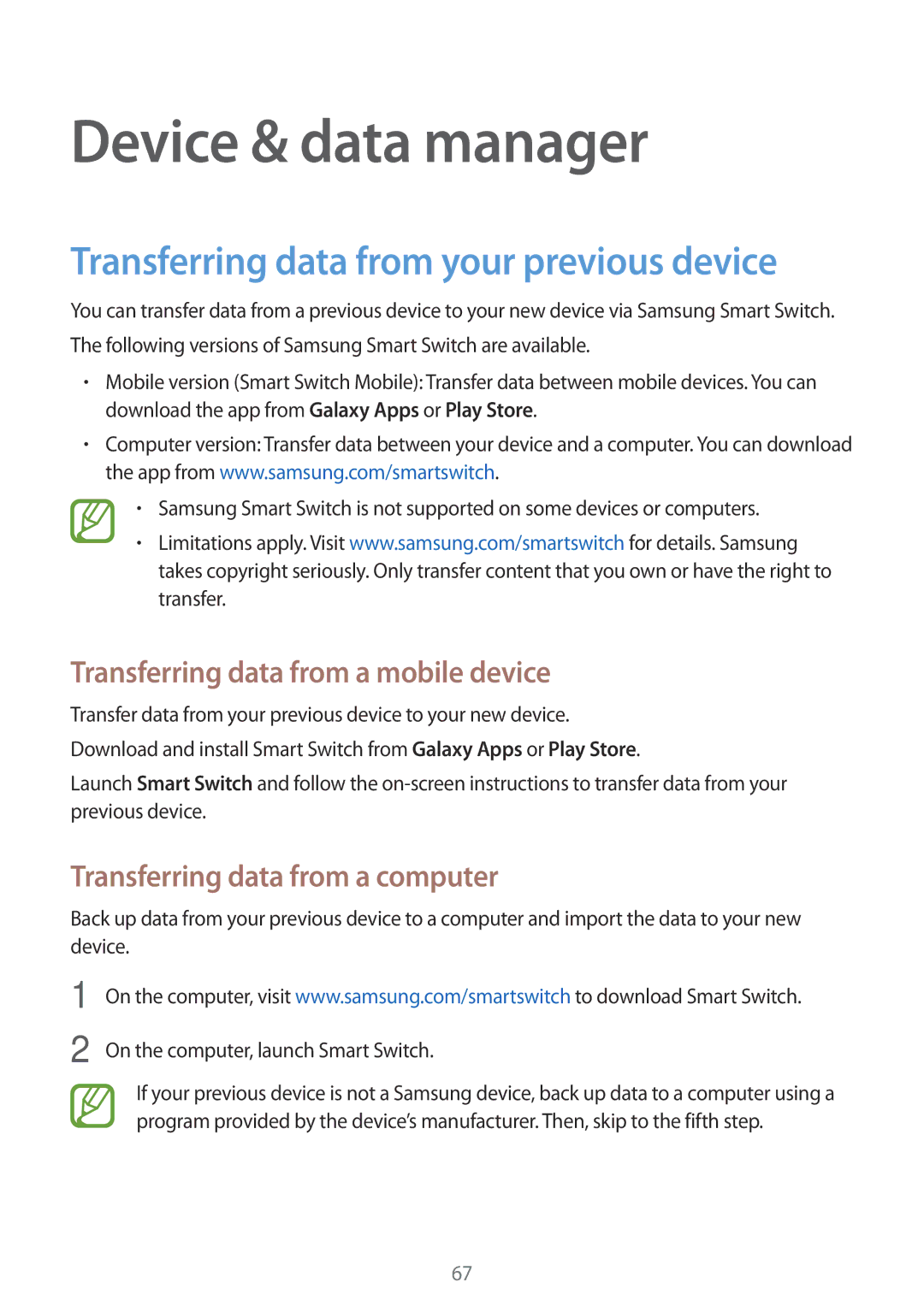 Samsung SM-G318HZKZXXV, SM-G318HRWZXXV manual Device & data manager, Transferring data from your previous device 