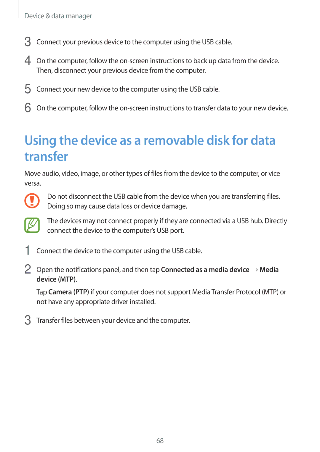 Samsung SM-G318HRWZXXV, SM-G318HZKZXXV manual Using the device as a removable disk for data transfer, Device MTP 