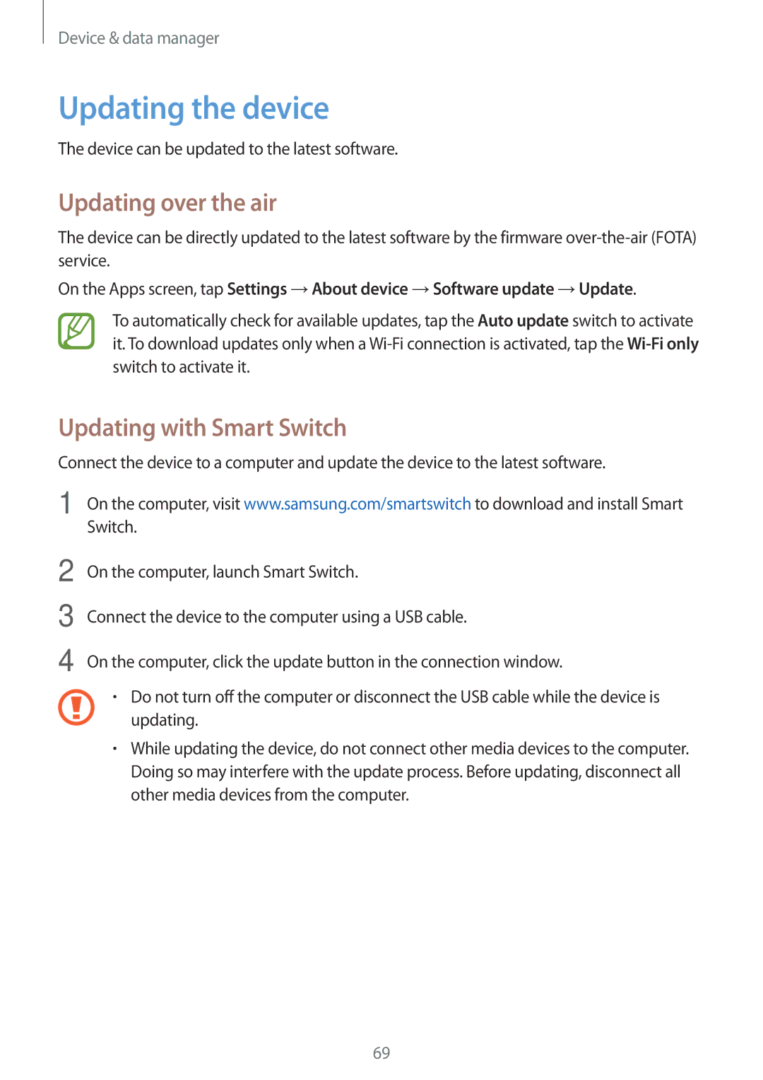 Samsung SM-G318HZKZXXV, SM-G318HRWZXXV manual Updating the device, Updating over the air, Updating with Smart Switch 