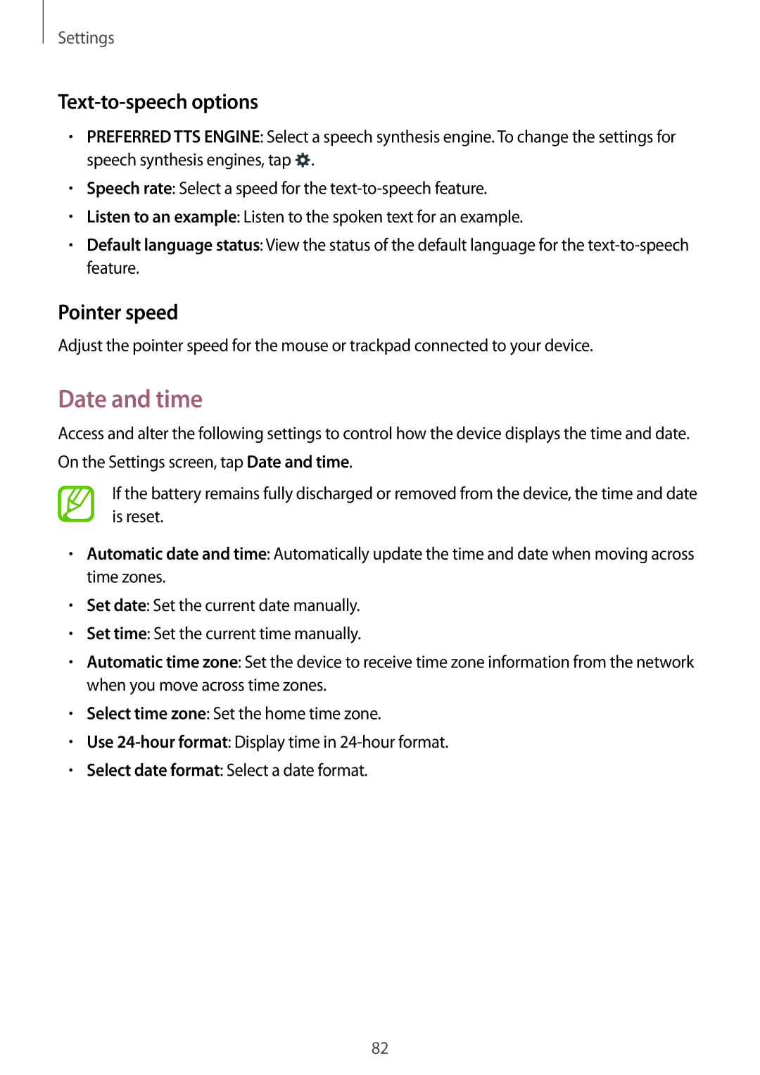 Samsung SM-G318HRWZXXV, SM-G318HZKZXXV manual Date and time, Text-to-speech options, Pointer speed 