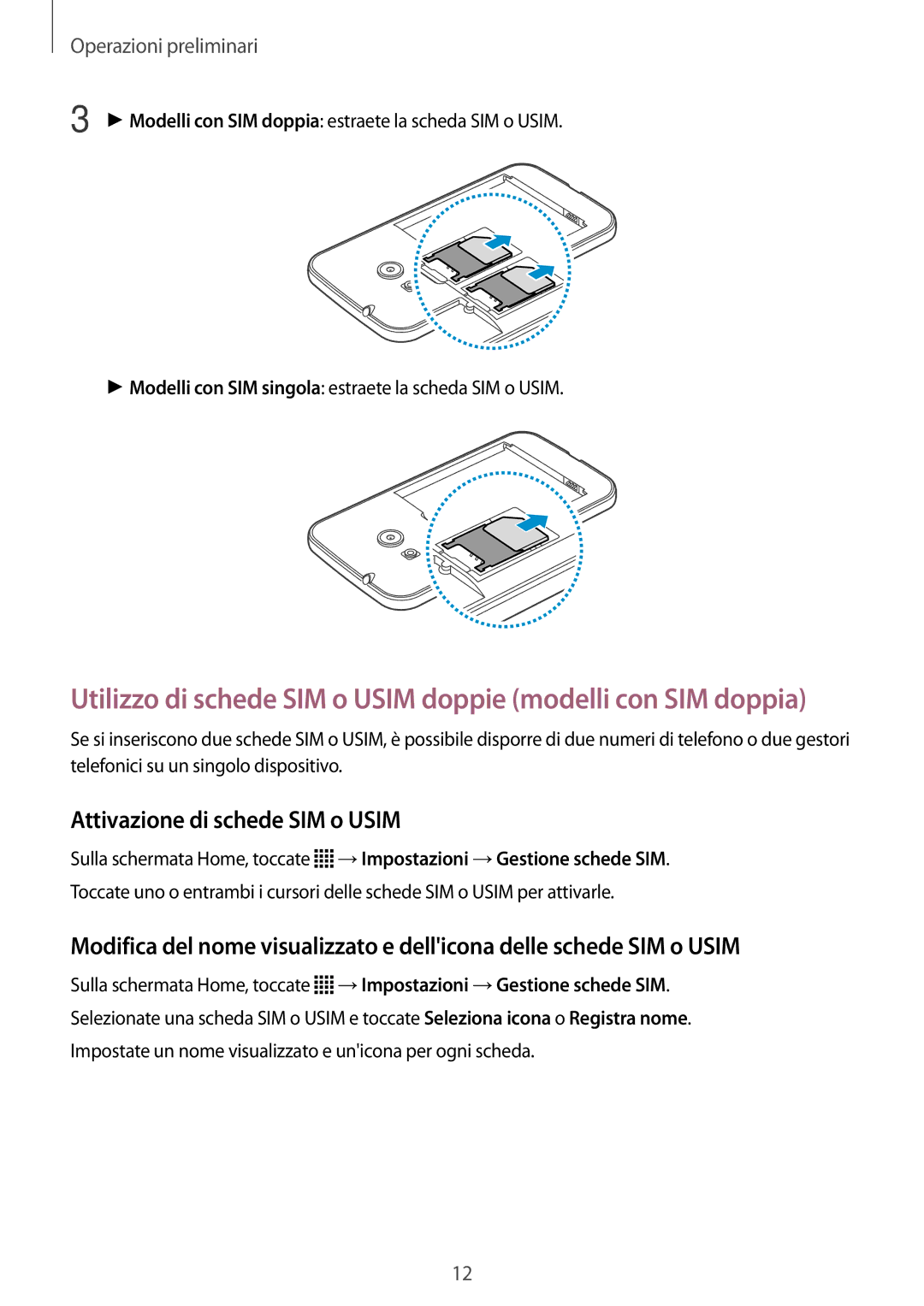 Samsung SM-G318HZKAIDE manual Utilizzo di schede SIM o Usim doppie modelli con SIM doppia, Attivazione di schede SIM o Usim 