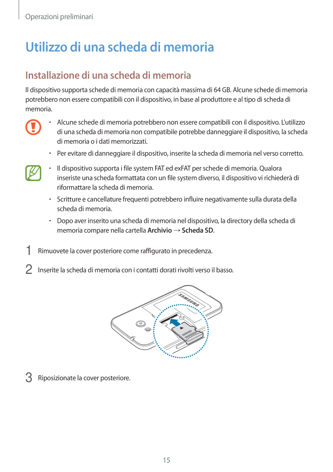 Samsung SM-G318HRWAITV, SM-G318HZKAITV manual Utilizzo di una scheda di memoria, Installazione di una scheda di memoria 