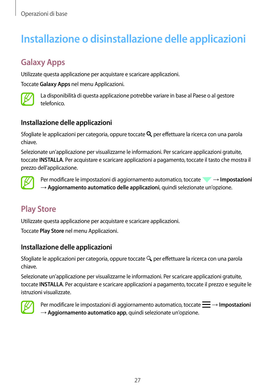 Samsung SM-G318HZKAXEO, SM-G318HZKAITV, SM-G318HRWAITV manual Galaxy Apps, Play Store, Installazione delle applicazioni 