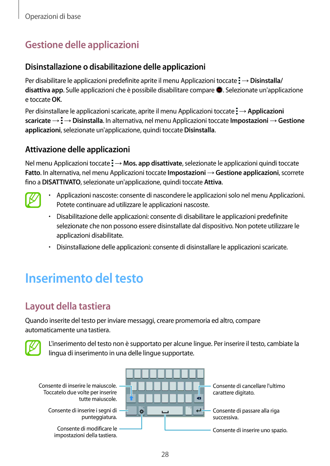 Samsung SM-G318HZKAITV, SM-G318HRWAITV manual Inserimento del testo, Gestione delle applicazioni, Layout della tastiera 