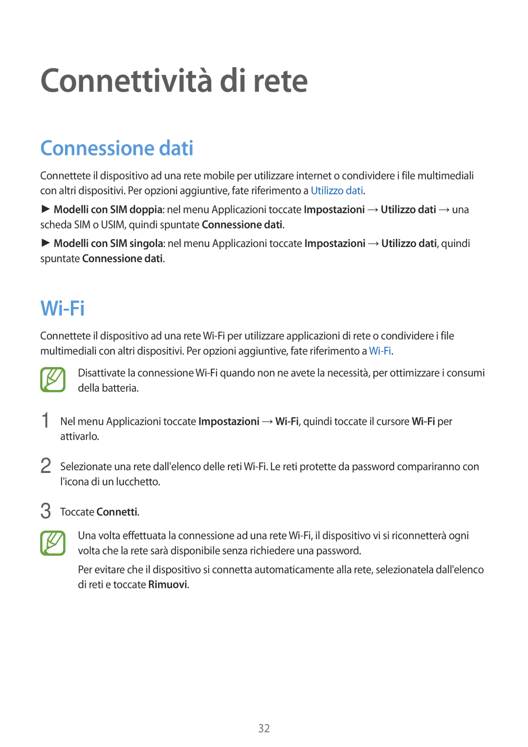 Samsung SM-G318HRWAXEO, SM-G318HZKAITV, SM-G318HRWAITV, SM-G318HRWAIDE manual Connettività di rete, Connessione dati, Wi-Fi 