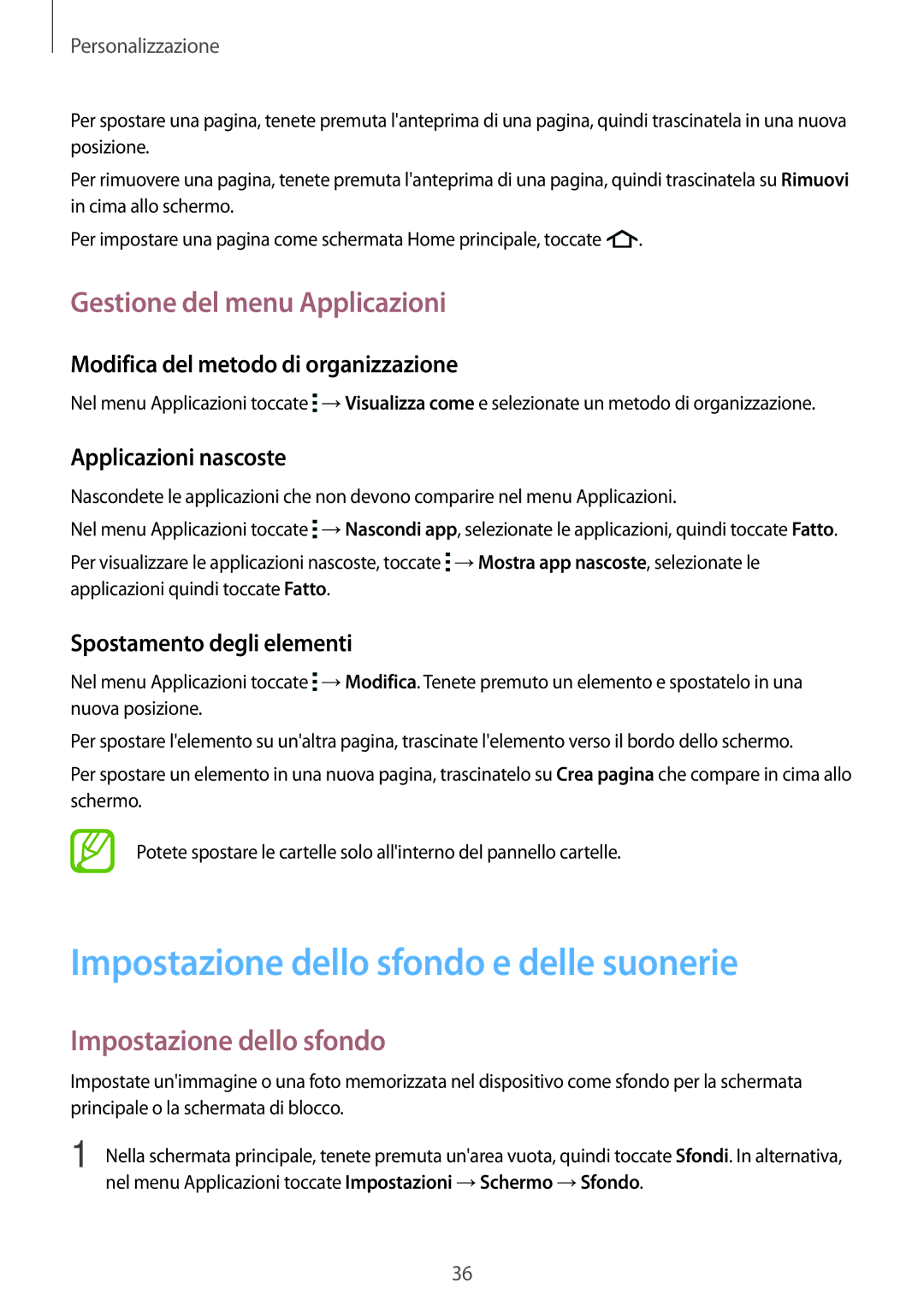 Samsung SM-G318HRWAITV, SM-G318HZKAITV manual Impostazione dello sfondo e delle suonerie, Gestione del menu Applicazioni 