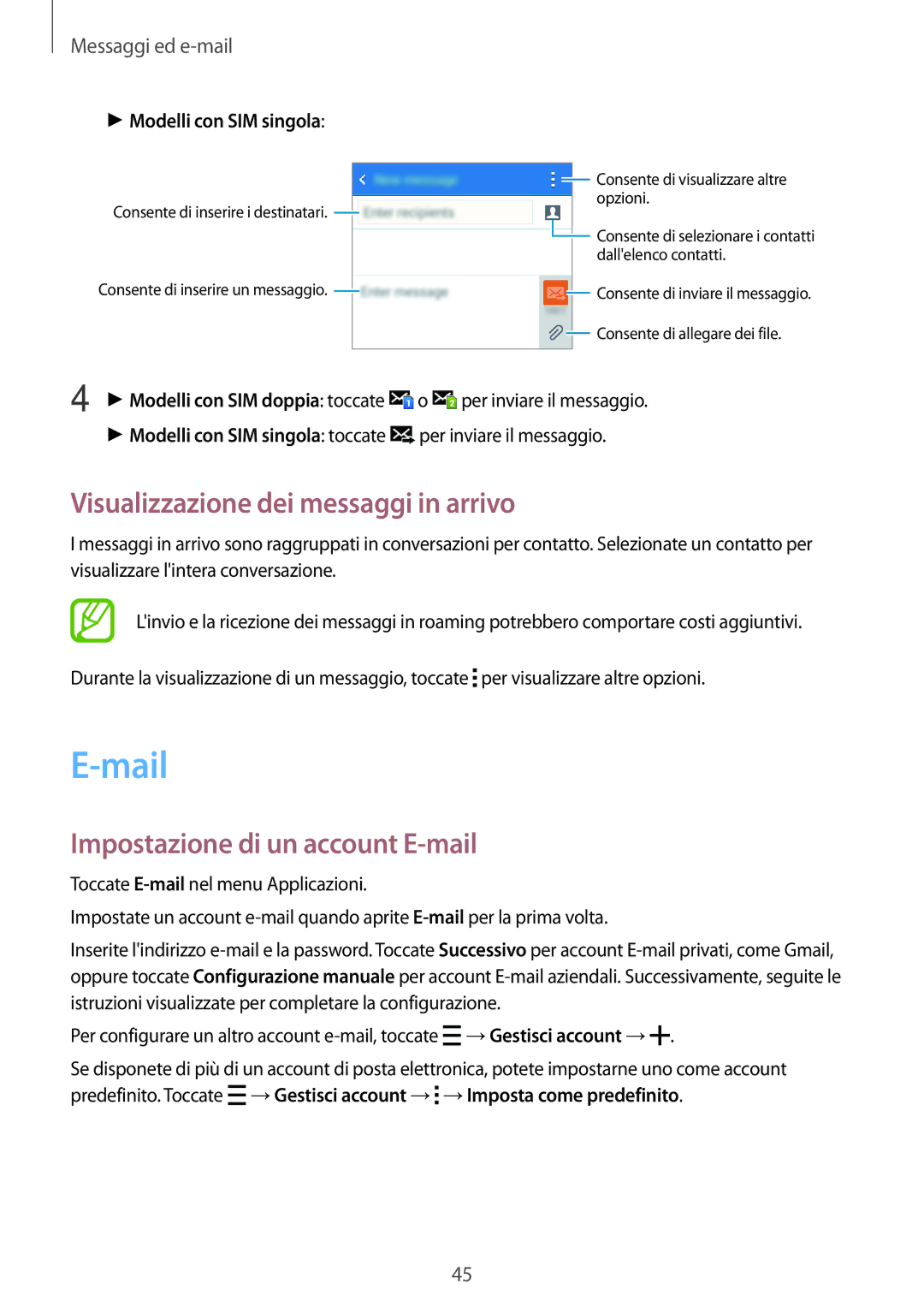 Samsung SM-G318HZKADPL, SM-G318HZKAITV Mail, Visualizzazione dei messaggi in arrivo, Impostazione di un account E-mail 