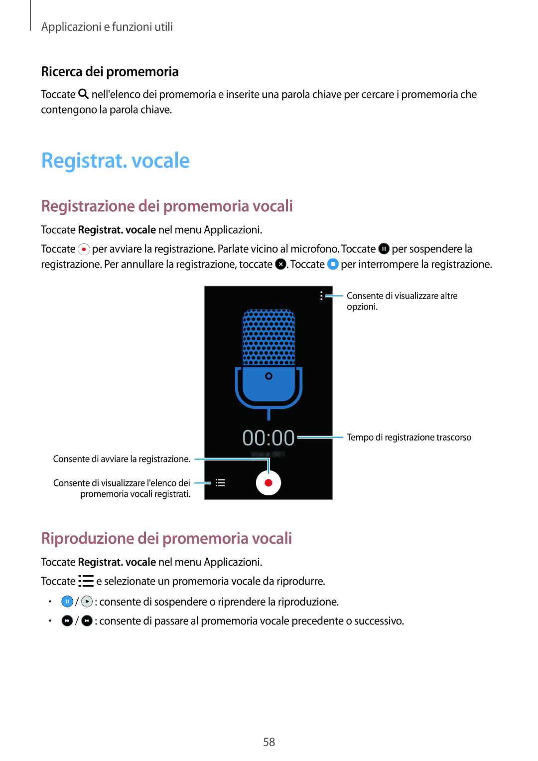 Samsung SM-G318HRWAIDE manual Registrat. vocale, Registrazione dei promemoria vocali, Riproduzione dei promemoria vocali 