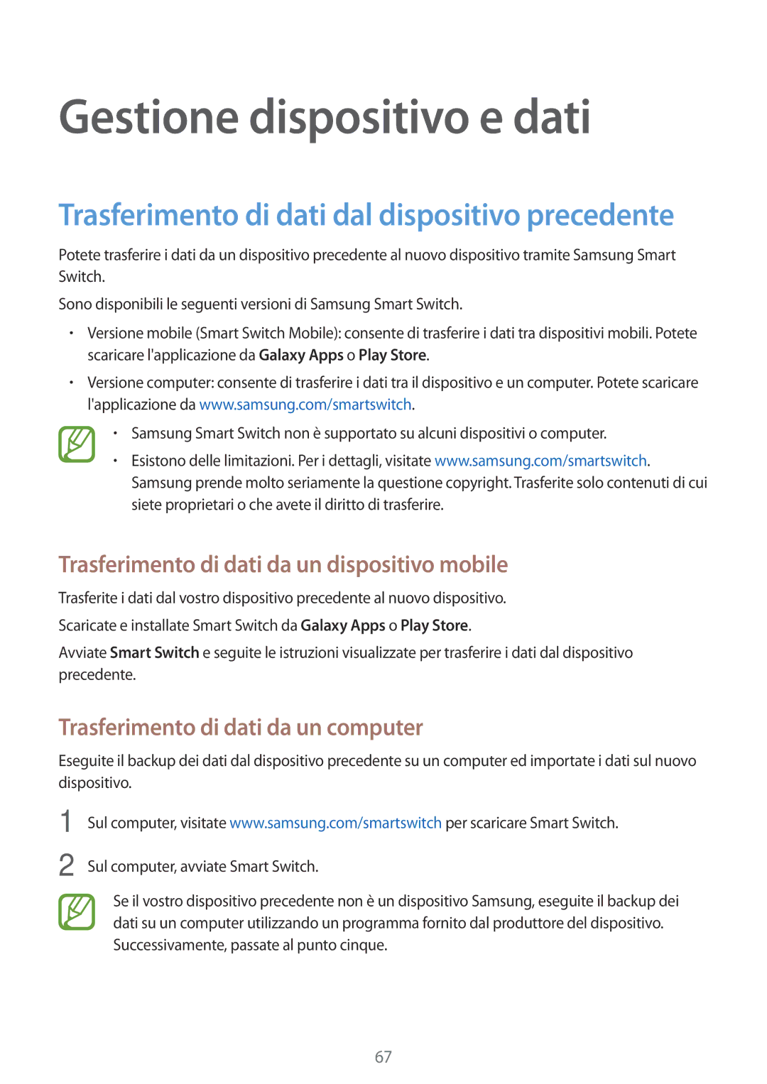 Samsung SM-G318HRWAXEO, SM-G318HZKAITV manual Gestione dispositivo e dati, Trasferimento di dati da un dispositivo mobile 