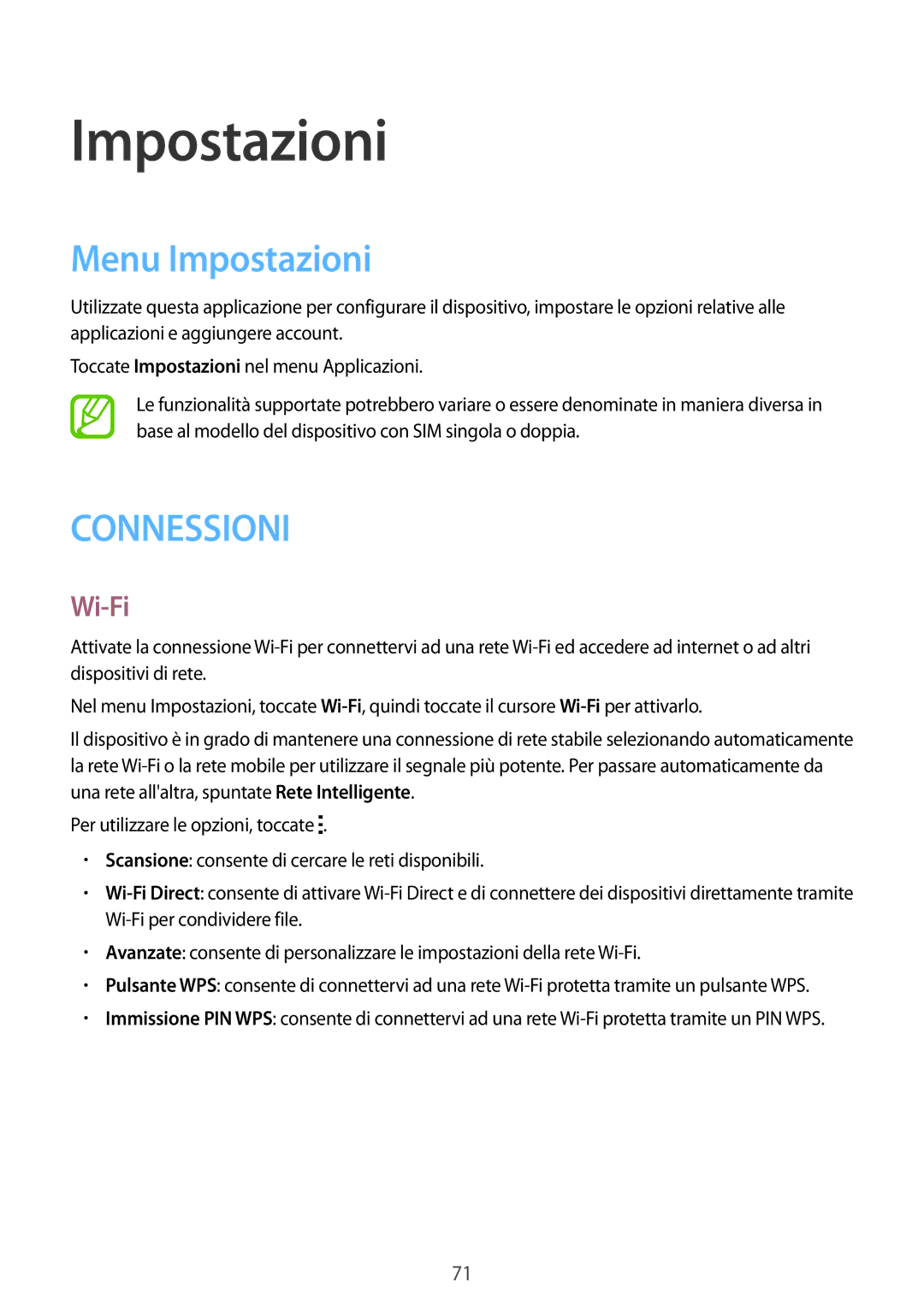 Samsung SM-G318HRWAITV, SM-G318HZKAITV, SM-G318HRWAIDE, SM-G318HZKADPL, SM-G318HRWAXEO manual Menu Impostazioni, Wi-Fi 