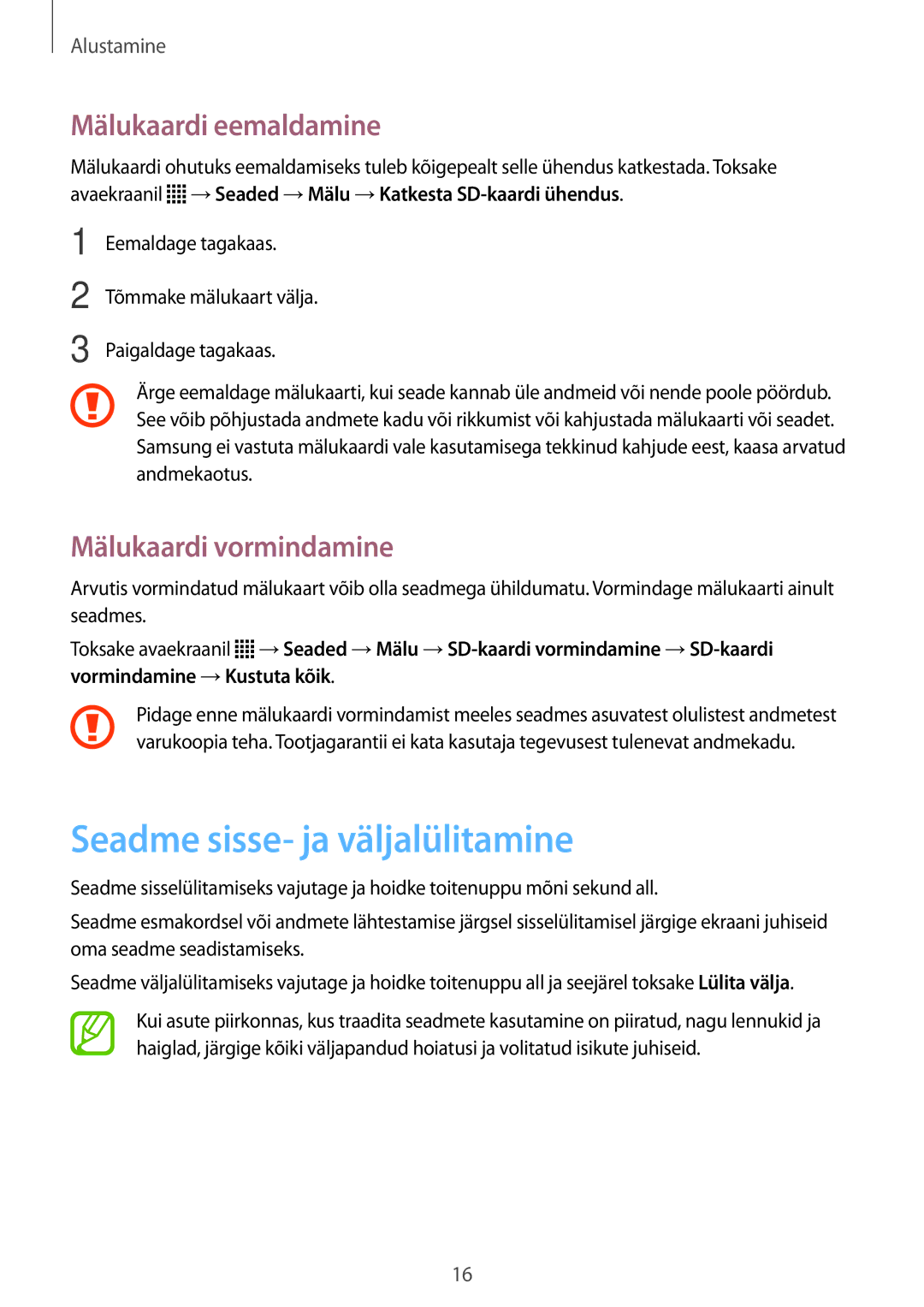 Samsung SM-G318HZKASEB, SM-G318HRWASEB Seadme sisse- ja väljalülitamine, Mälukaardi eemaldamine, Mälukaardi vormindamine 