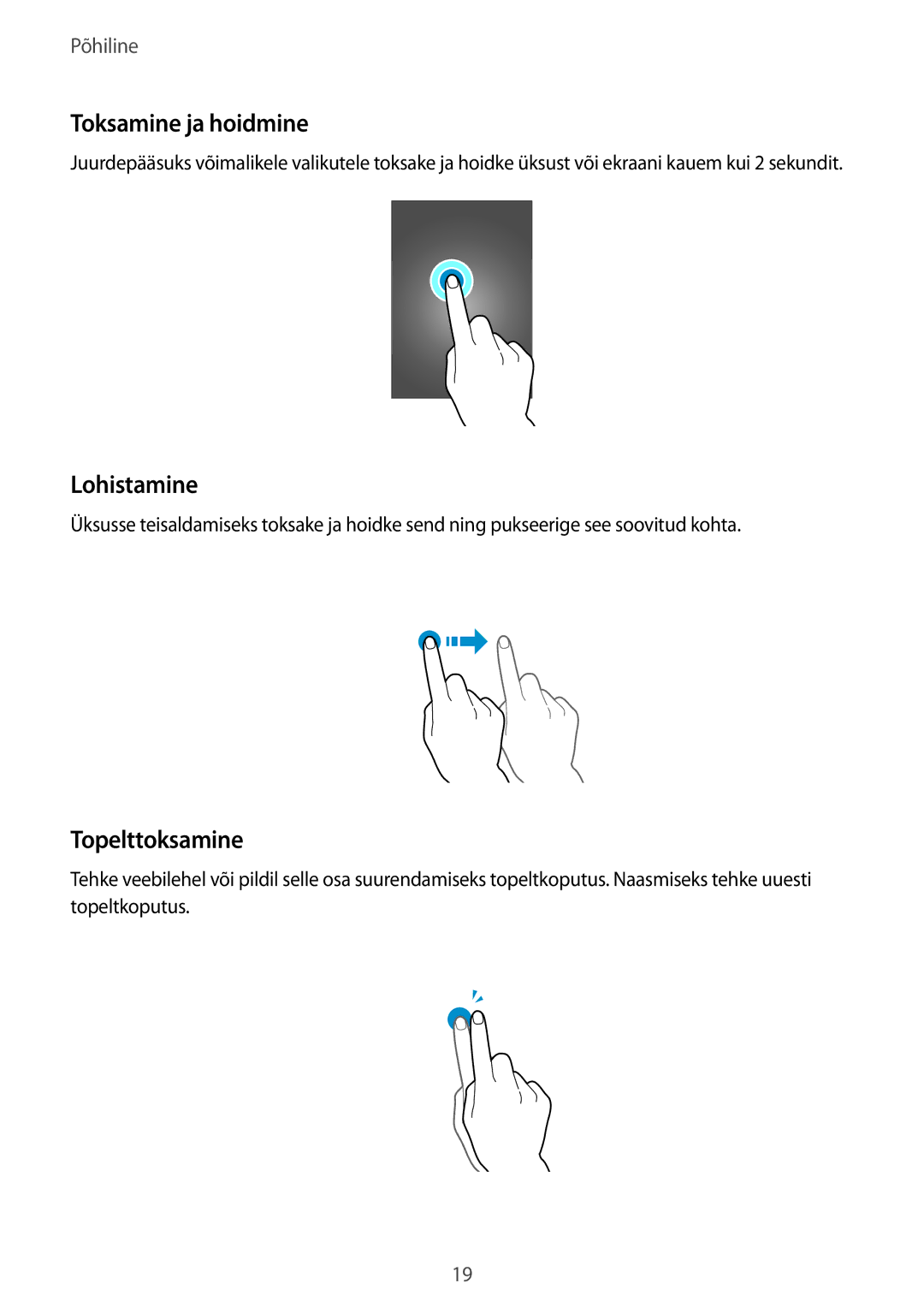 Samsung SM-G318HRWASEB, SM-G318HZKASEB manual Toksamine ja hoidmine, Lohistamine, Topelttoksamine 