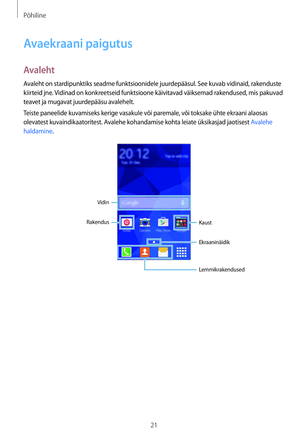 Samsung SM-G318HRWASEB, SM-G318HZKASEB manual Avaekraani paigutus, Avaleht 