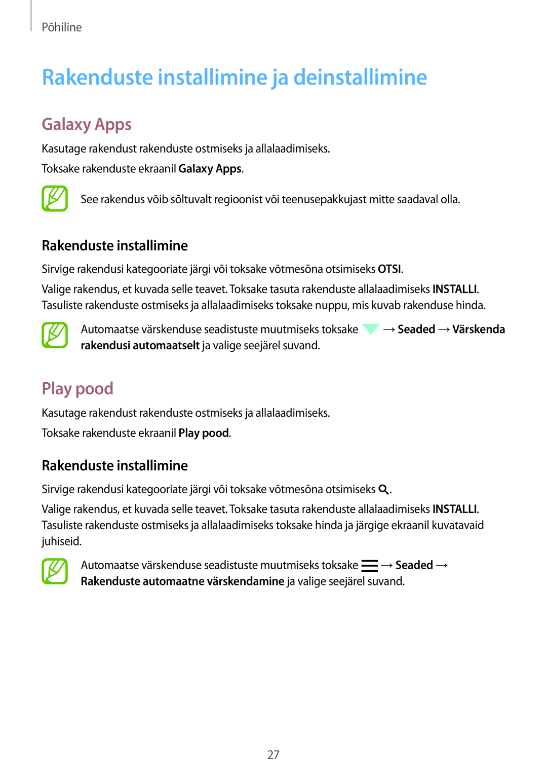 Samsung SM-G318HRWASEB, SM-G318HZKASEB manual Rakenduste installimine ja deinstallimine, Galaxy Apps, Play pood 