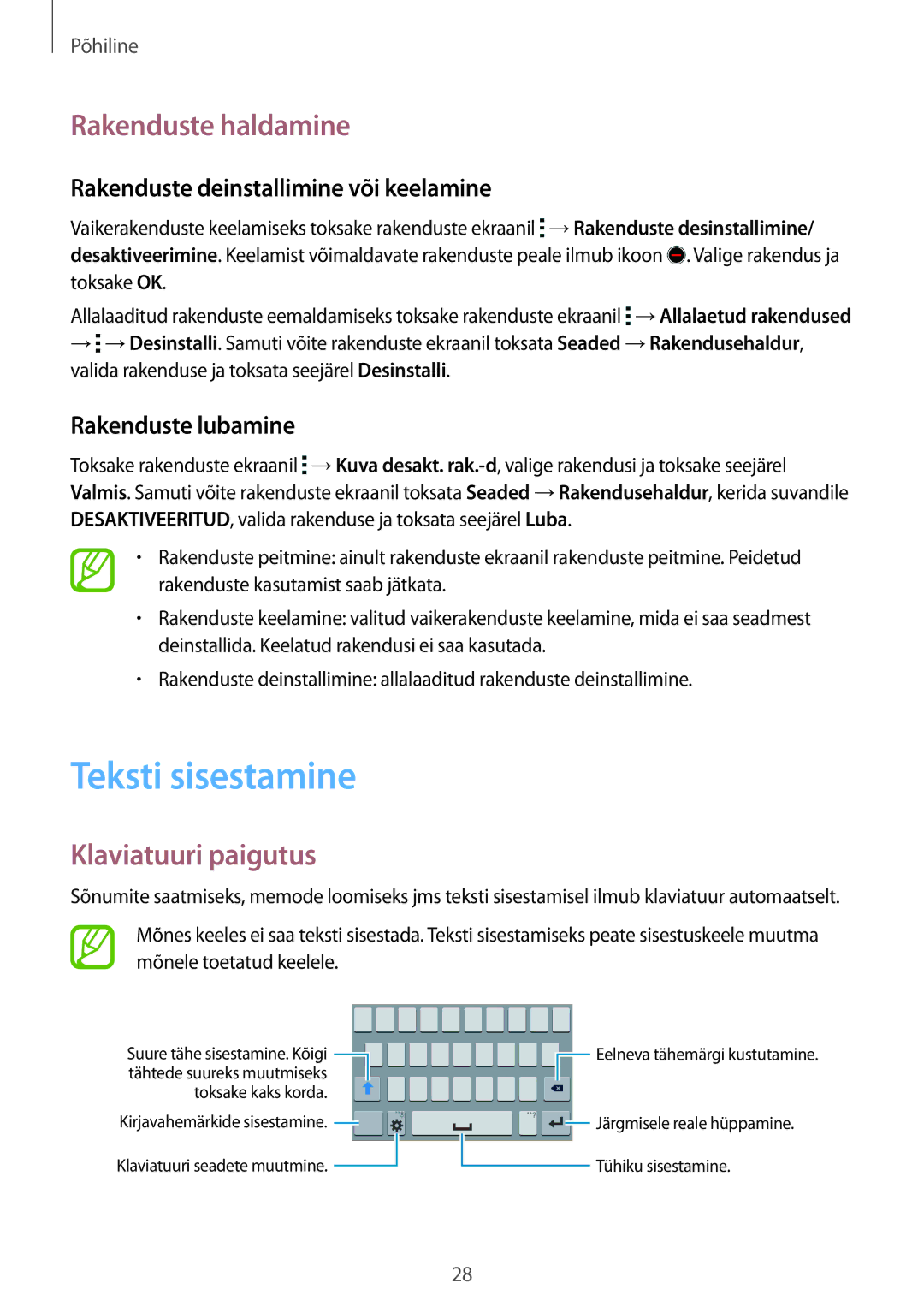 Samsung SM-G318HZKASEB, SM-G318HRWASEB Teksti sisestamine, Rakenduste haldamine, Klaviatuuri paigutus, Rakenduste lubamine 