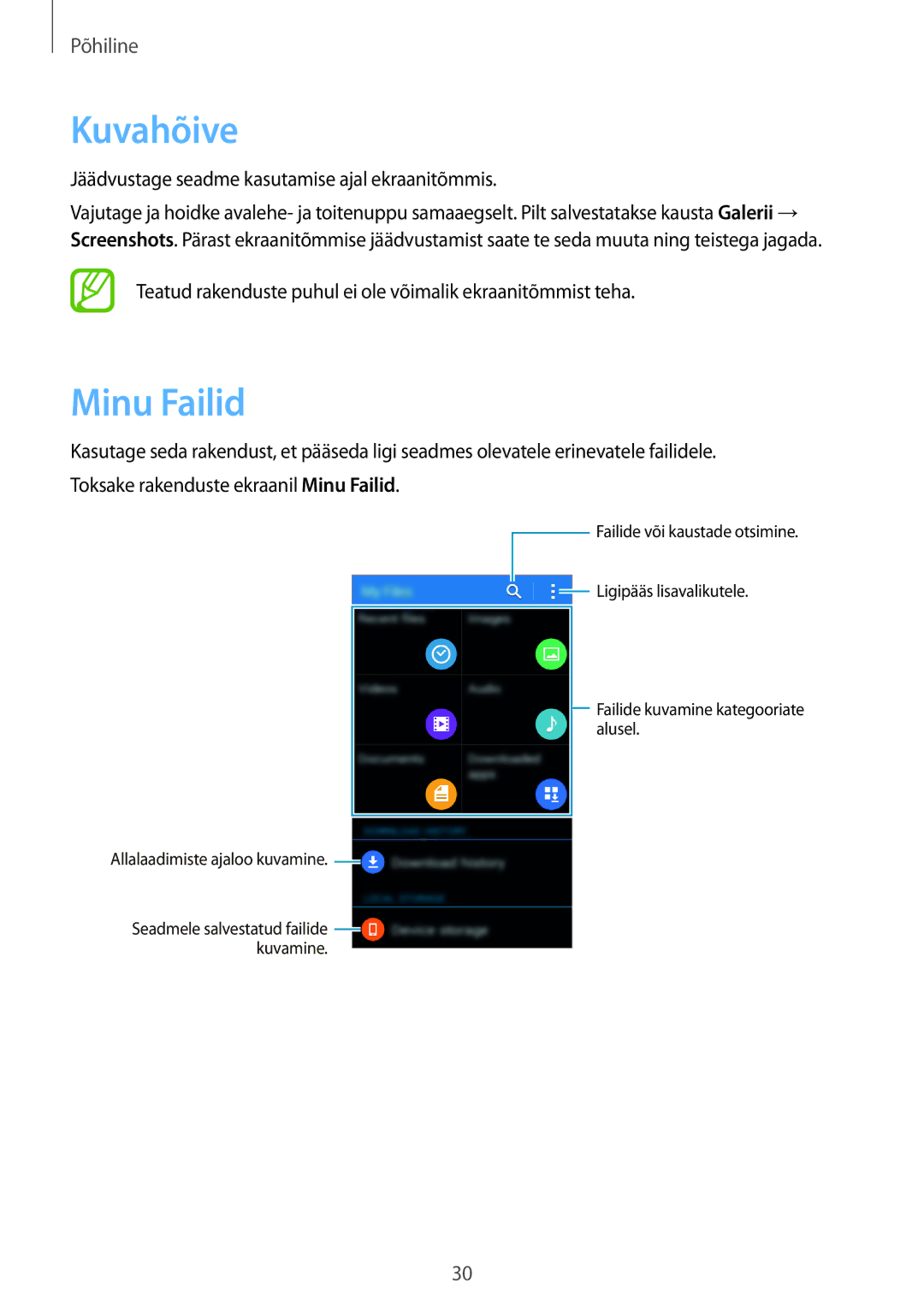 Samsung SM-G318HZKASEB, SM-G318HRWASEB manual Kuvahõive, Minu Failid, Jäädvustage seadme kasutamise ajal ekraanitõmmis 