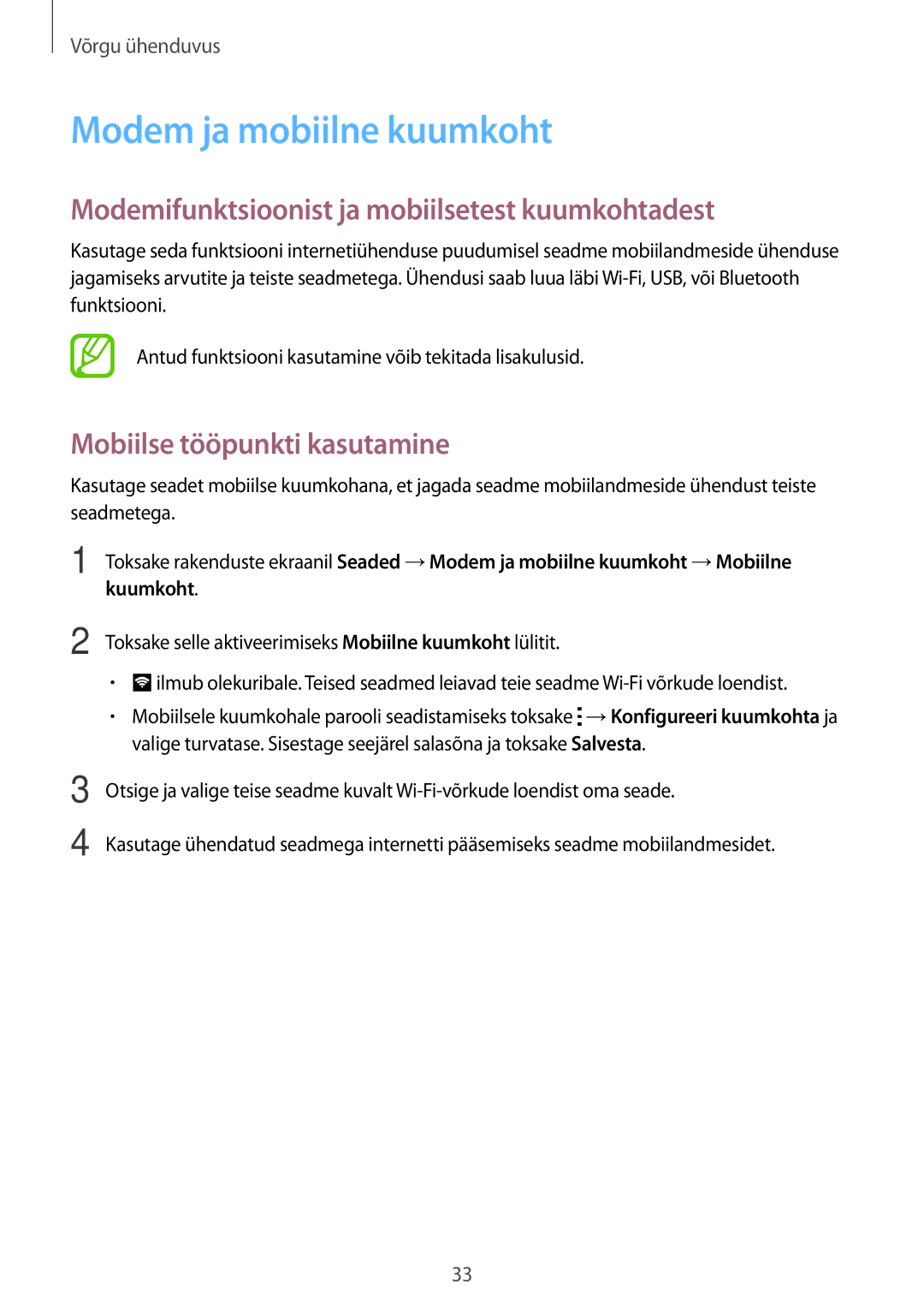 Samsung SM-G318HRWASEB, SM-G318HZKASEB manual Modem ja mobiilne kuumkoht, Modemifunktsioonist ja mobiilsetest kuumkohtadest 