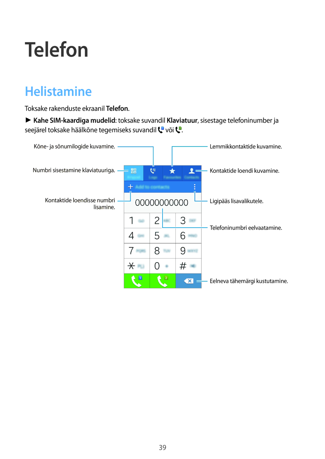 Samsung SM-G318HRWASEB, SM-G318HZKASEB manual Helistamine, Toksake rakenduste ekraanil Telefon 