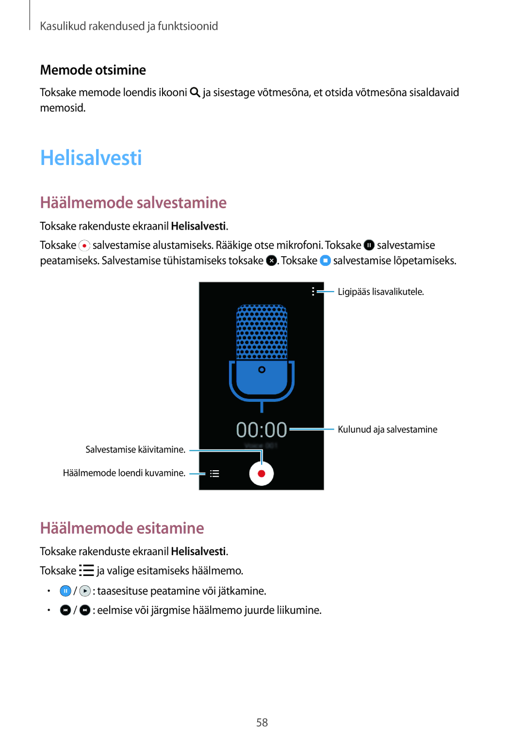 Samsung SM-G318HZKASEB, SM-G318HRWASEB manual Helisalvesti, Häälmemode salvestamine, Häälmemode esitamine, Memode otsimine 