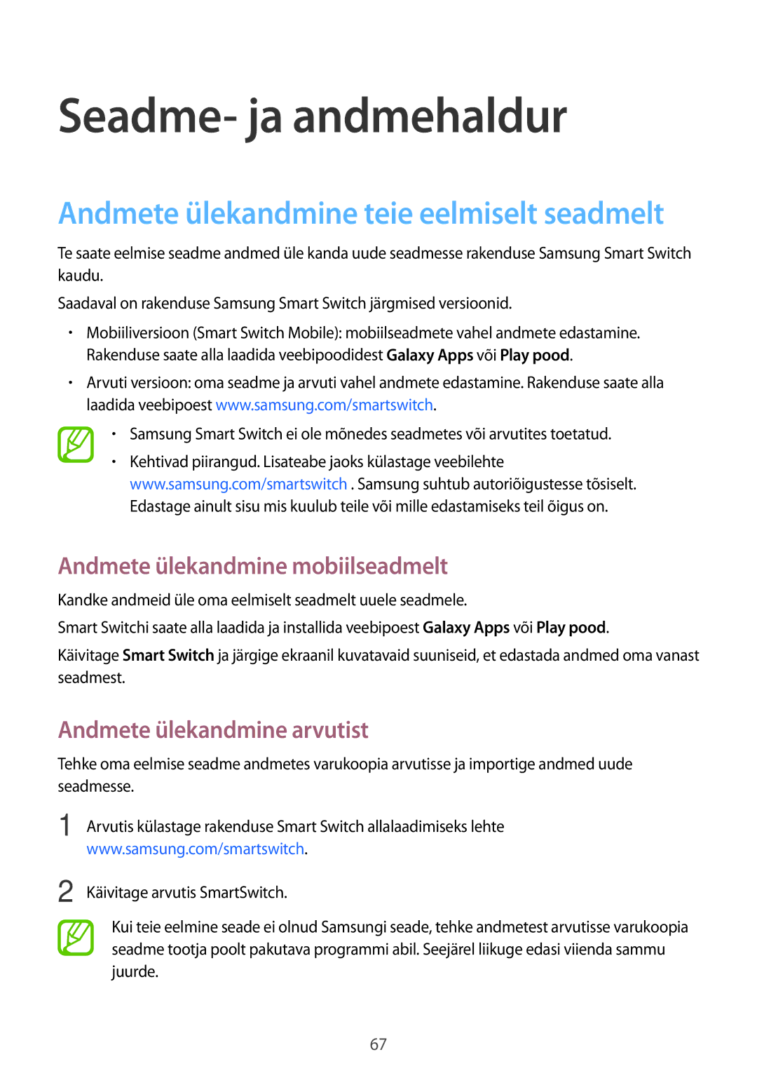 Samsung SM-G318HRWASEB manual Seadme- ja andmehaldur, Andmete ülekandmine mobiilseadmelt, Andmete ülekandmine arvutist 