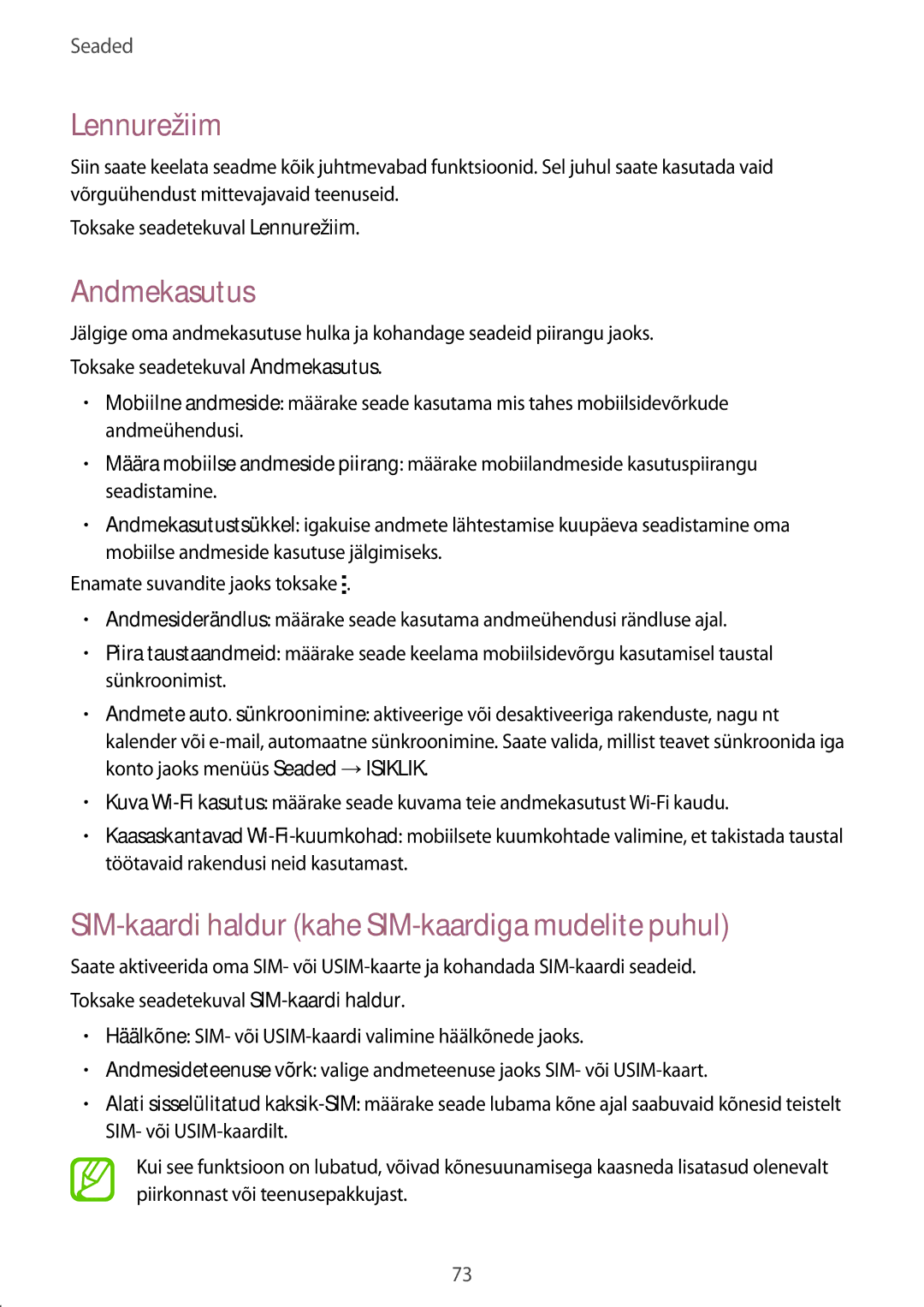 Samsung SM-G318HRWASEB, SM-G318HZKASEB manual Lennurežiim, Andmekasutus, SIM-kaardi haldur kahe SIM-kaardiga mudelite puhul 