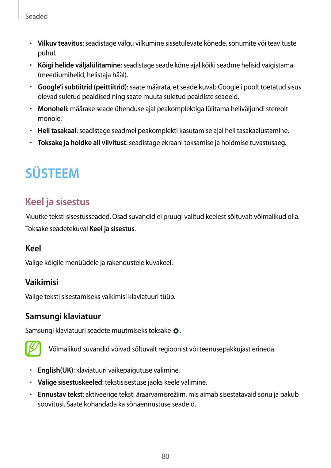 Samsung SM-G318HZKASEB, SM-G318HRWASEB manual Keel ja sisestus, Vaikimisi, Samsungi klaviatuur 