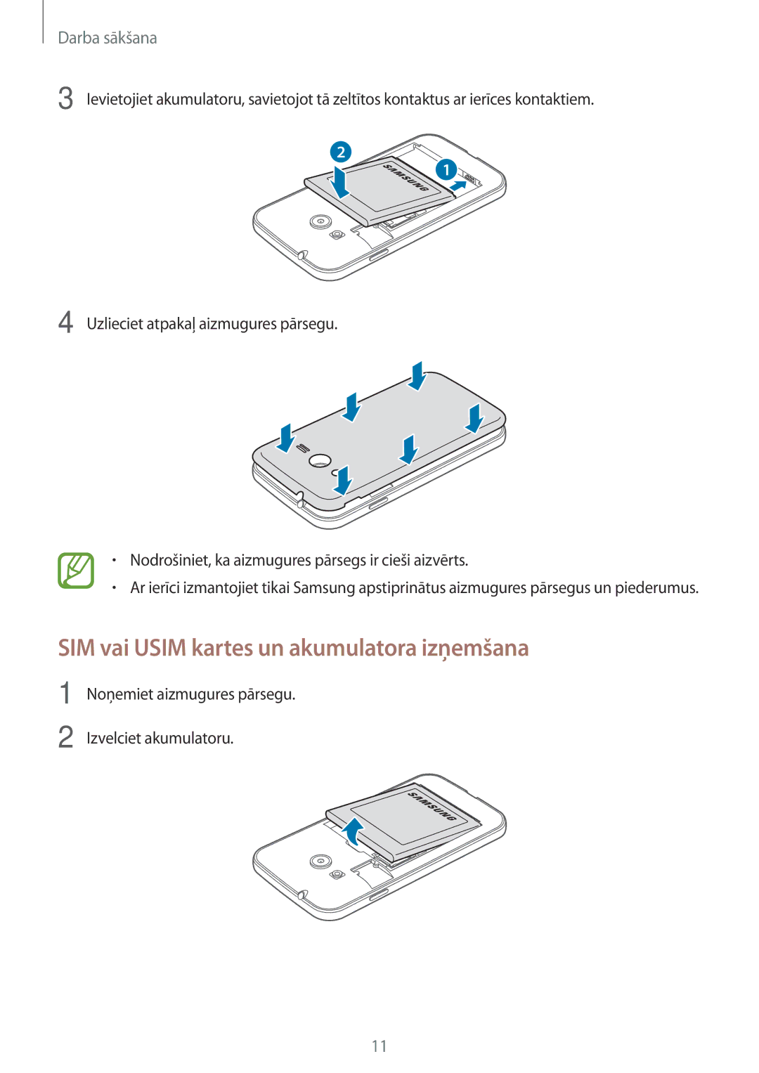 Samsung SM-G318HRWASEB, SM-G318HZKASEB manual SIM vai Usim kartes un akumulatora izņemšana 