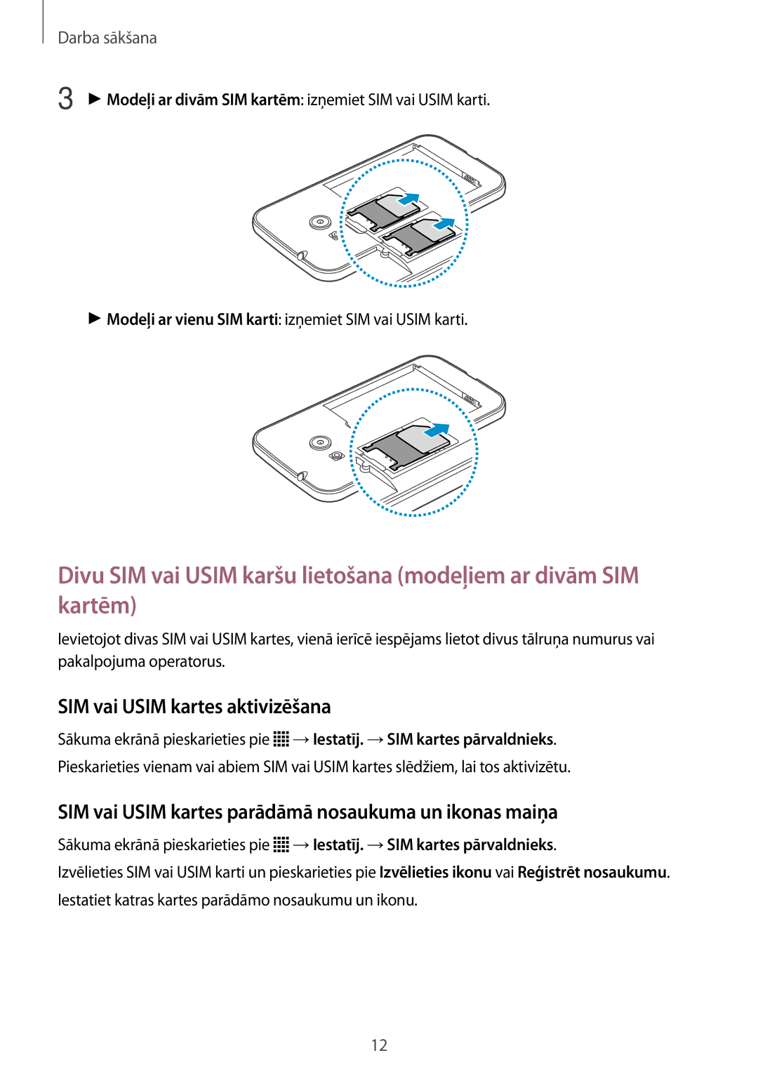 Samsung SM-G318HZKASEB manual SIM vai Usim kartes aktivizēšana, SIM vai Usim kartes parādāmā nosaukuma un ikonas maiņa 