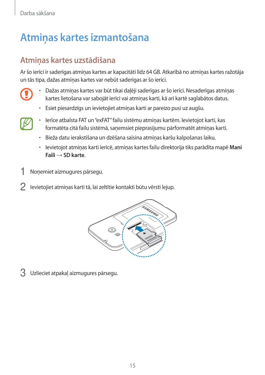 Samsung SM-G318HRWASEB, SM-G318HZKASEB manual Atmiņas kartes izmantošana, Atmiņas kartes uzstādīšana 