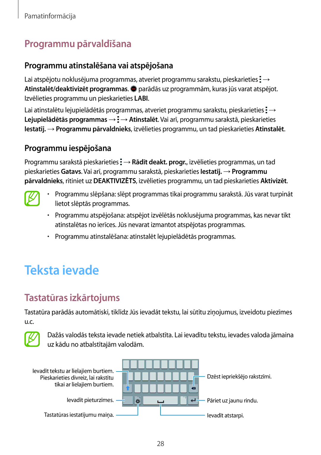 Samsung SM-G318HZKASEB manual Teksta ievade, Programmu pārvaldīšana, Tastatūras izkārtojums, Programmu iespējošana 