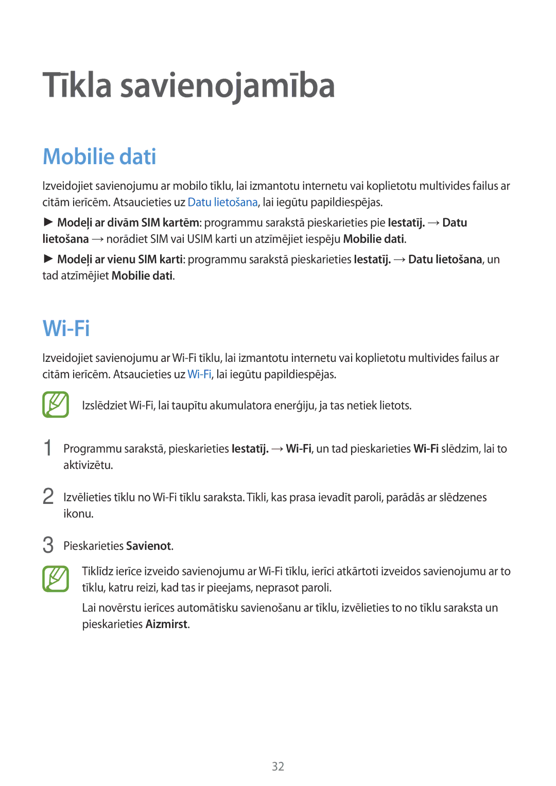 Samsung SM-G318HZKASEB, SM-G318HRWASEB manual Tīkla savienojamība, Mobilie dati, Wi-Fi 