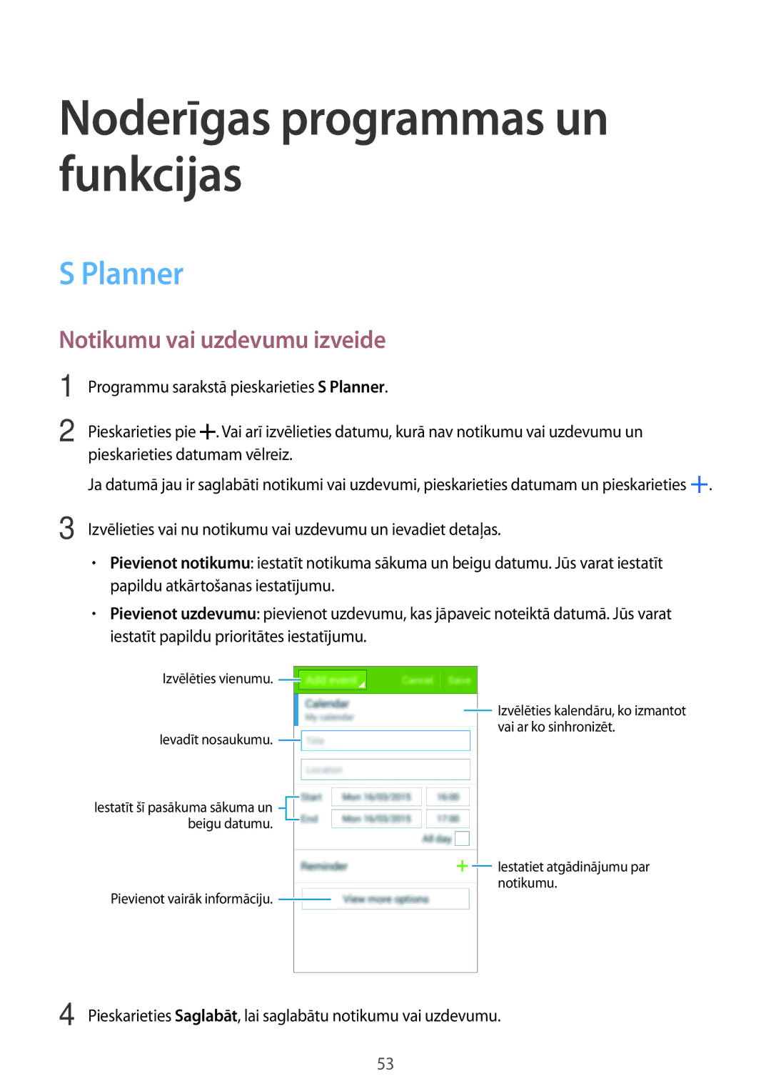 Samsung SM-G318HRWASEB, SM-G318HZKASEB manual Planner, Notikumu vai uzdevumu izveide 