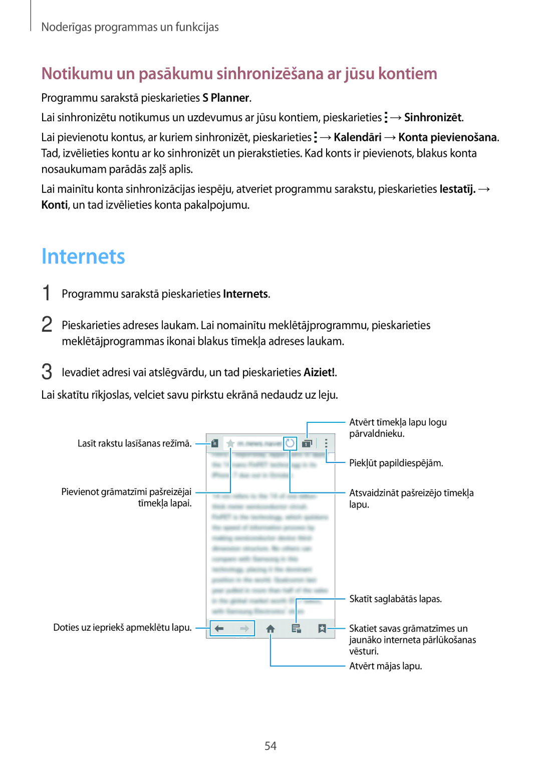 Samsung SM-G318HZKASEB, SM-G318HRWASEB manual Internets, Notikumu un pasākumu sinhronizēšana ar jūsu kontiem 