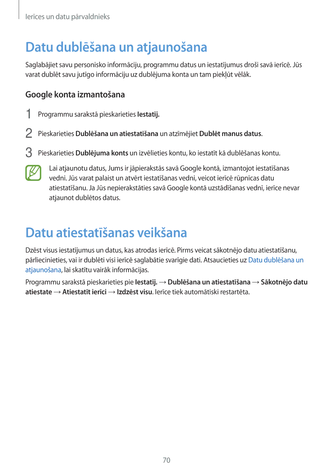 Samsung SM-G318HZKASEB manual Datu dublēšana un atjaunošana, Datu atiestatīšanas veikšana, Google konta izmantošana 