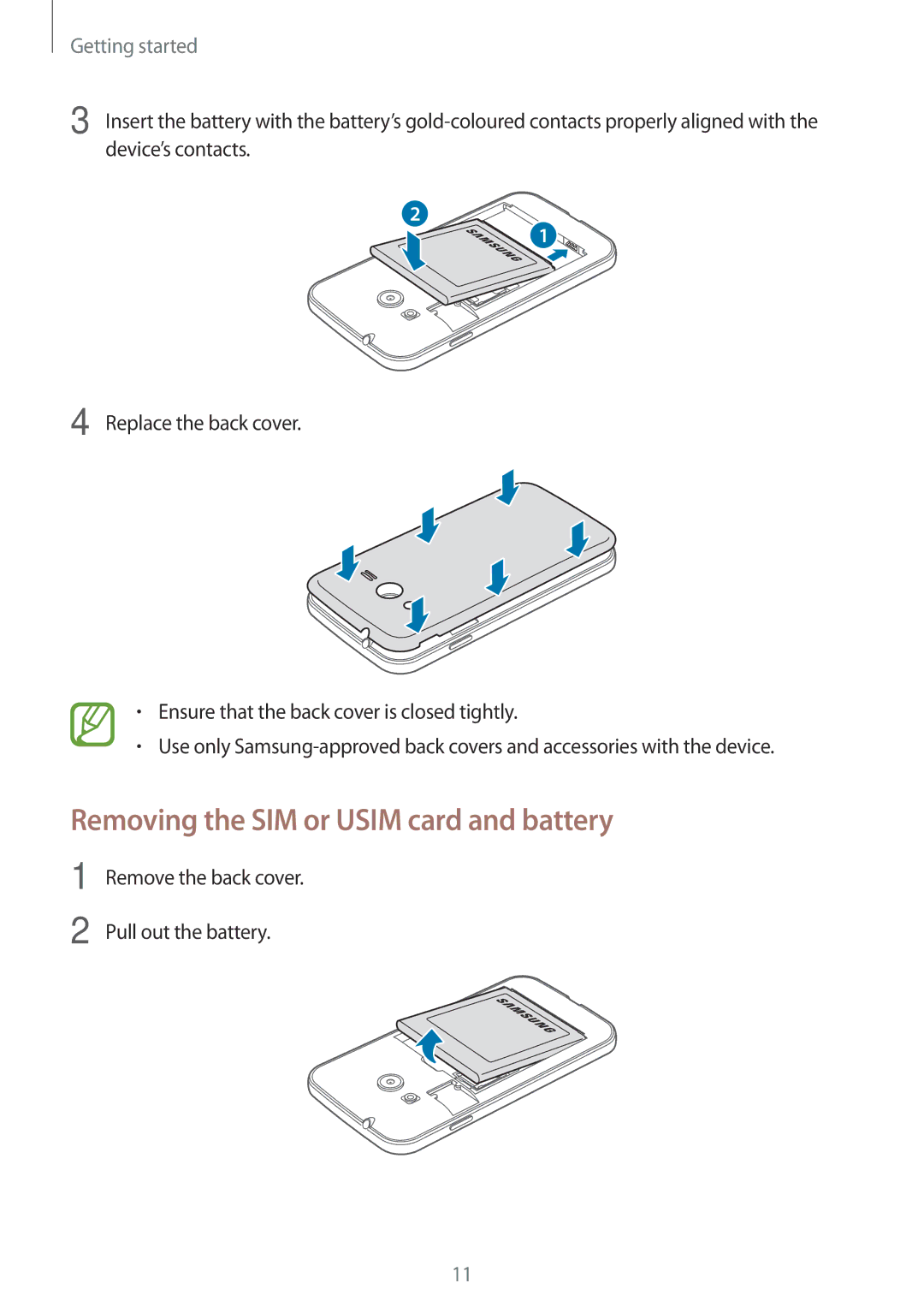 Samsung SM-G318HZKAIDE, SM-G318HZKAXEF, SM-G318HRWABOG, SM-G318HZKASFR manual Removing the SIM or Usim card and battery 