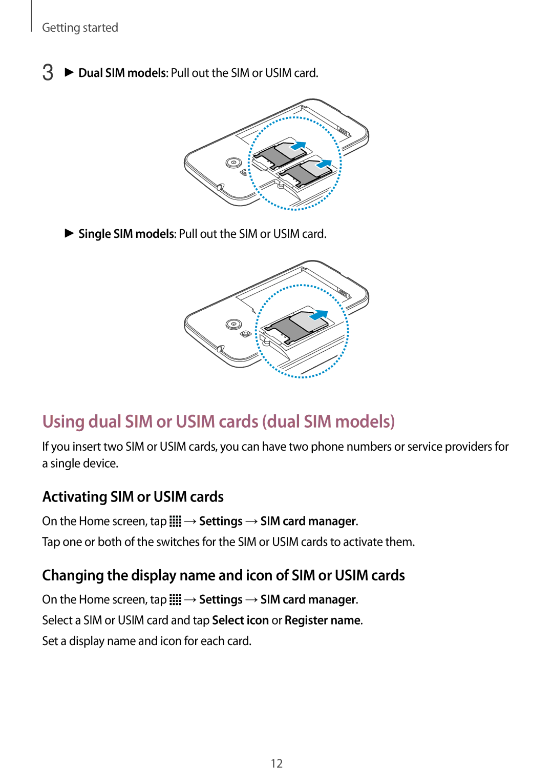 Samsung SM-G318HZKAXEO, SM-G318HZKAXEF manual Using dual SIM or Usim cards dual SIM models, Activating SIM or Usim cards 