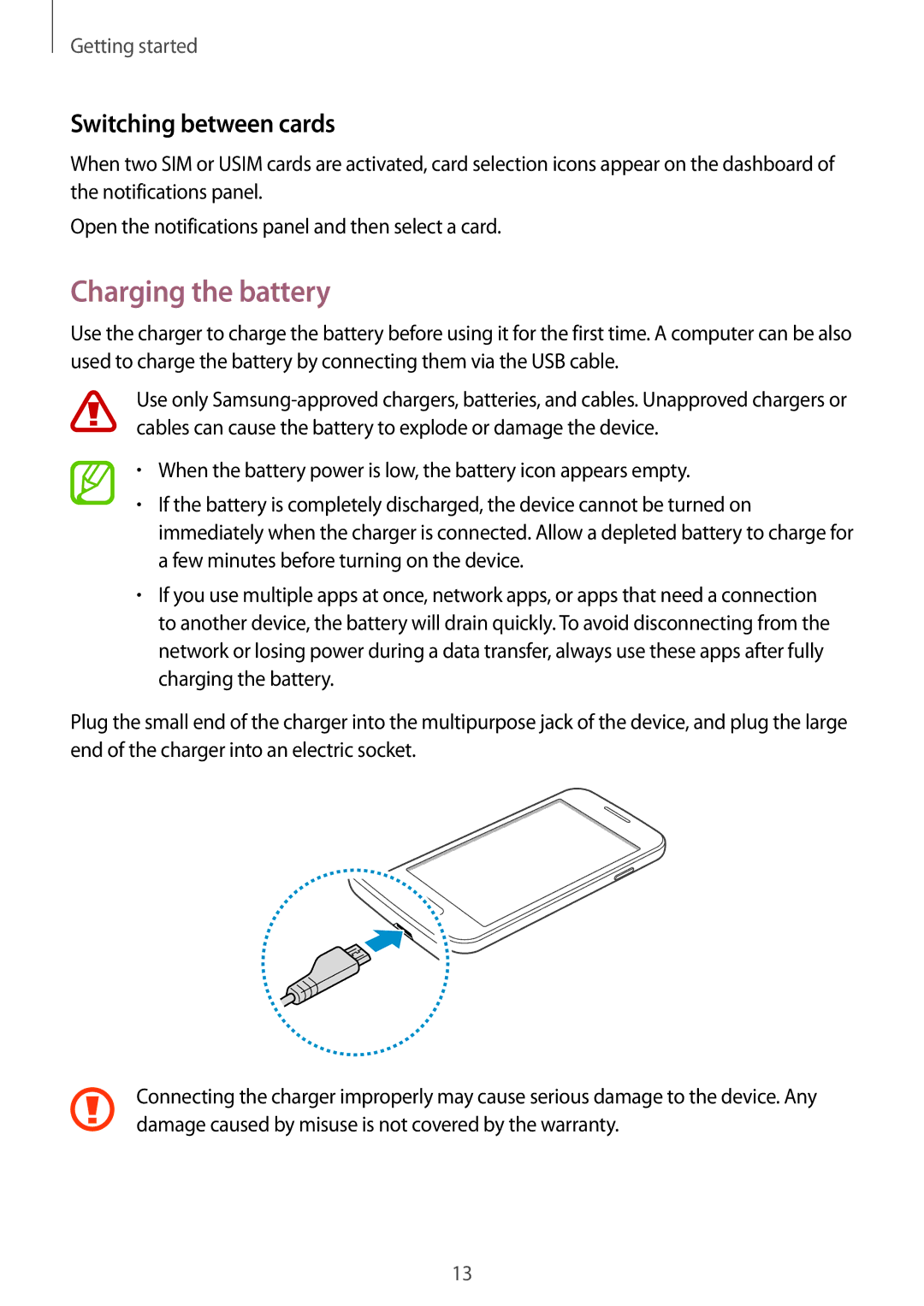 Samsung SM-G318HRWAPHE, SM-G318HZKAXEF, SM-G318HRWABOG, SM-G318HZKASFR manual Charging the battery, Switching between cards 