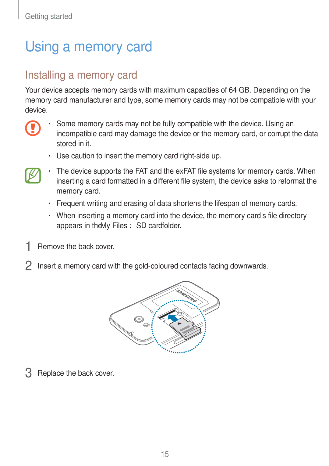 Samsung SM2G318HRWABGL, SM-G318HZKAXEF, SM-G318HRWABOG, SM-G318HZKASFR manual Using a memory card, Installing a memory card 