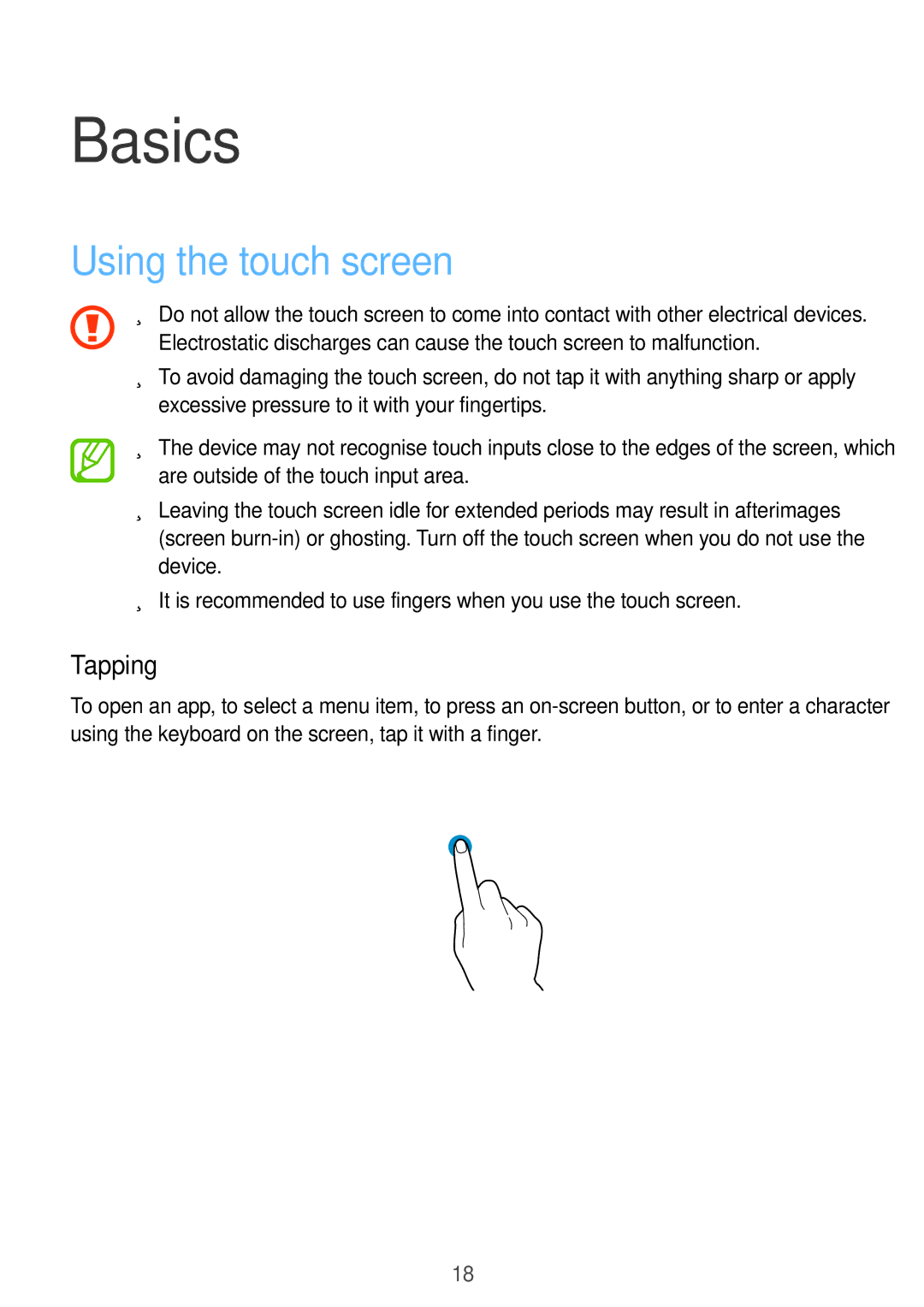 Samsung SM-G318HRWAVVT, SM-G318HZKAXEF, SM-G318HRWABOG, SM-G318HZKASFR manual Basics, Using the touch screen, Tapping 