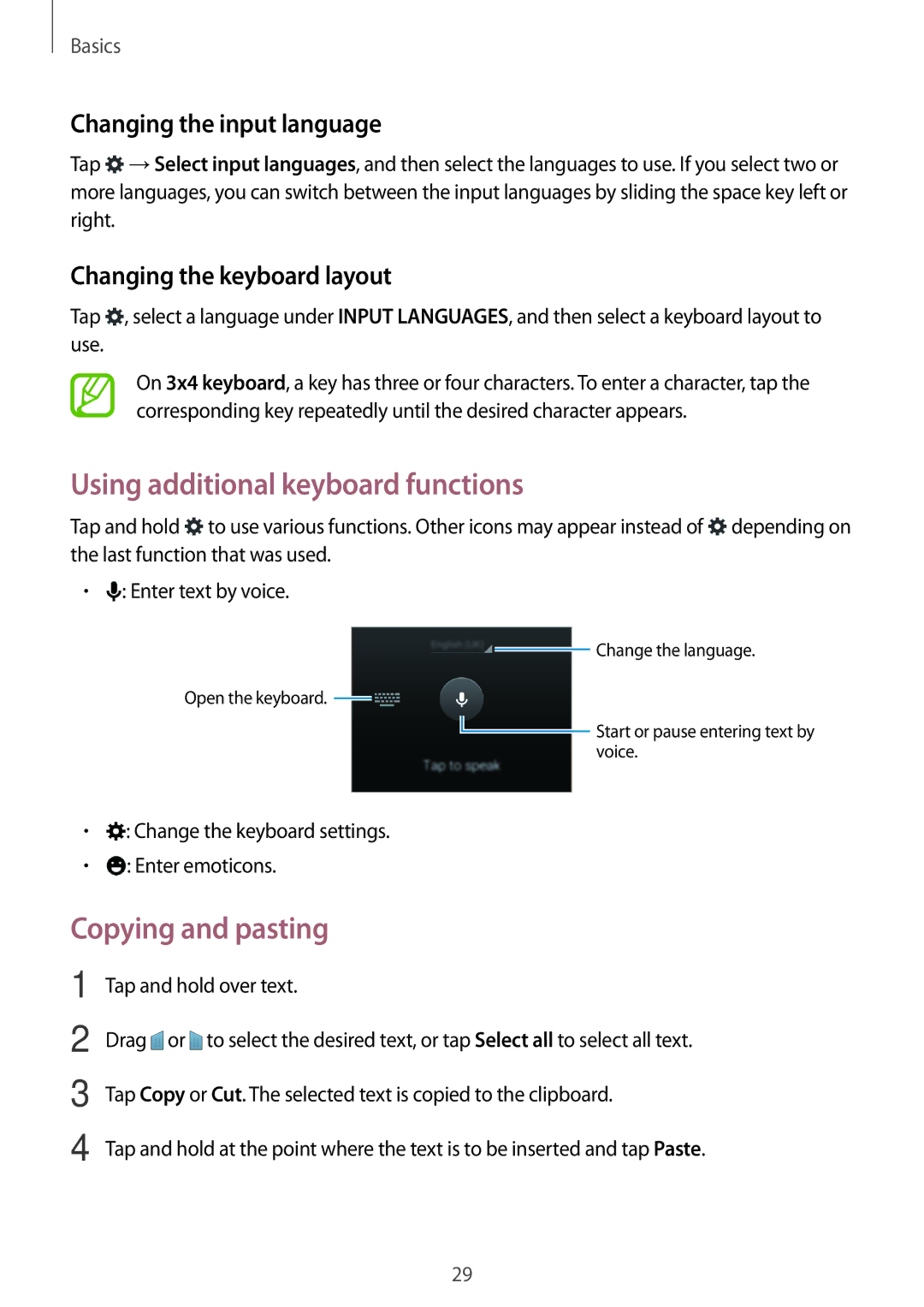 Samsung SM2G318HZKAORX manual Using additional keyboard functions, Copying and pasting, Changing the input language 