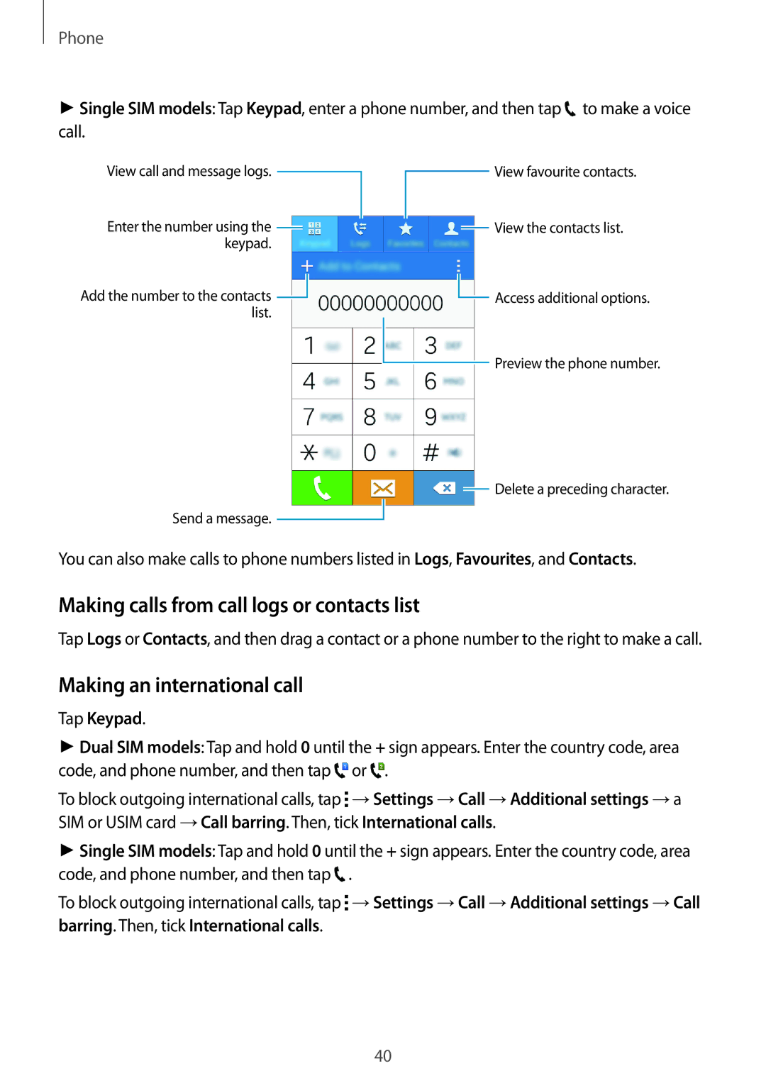 Samsung SM-G318HRWAPAN manual Making calls from call logs or contacts list, Making an international call, Tap Keypad 