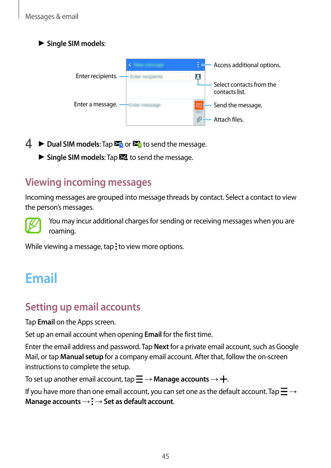 Samsung SM-G318HZKASEB, SM-G318HZKAXEF manual Viewing incoming messages, Setting up email accounts, Single SIM models 