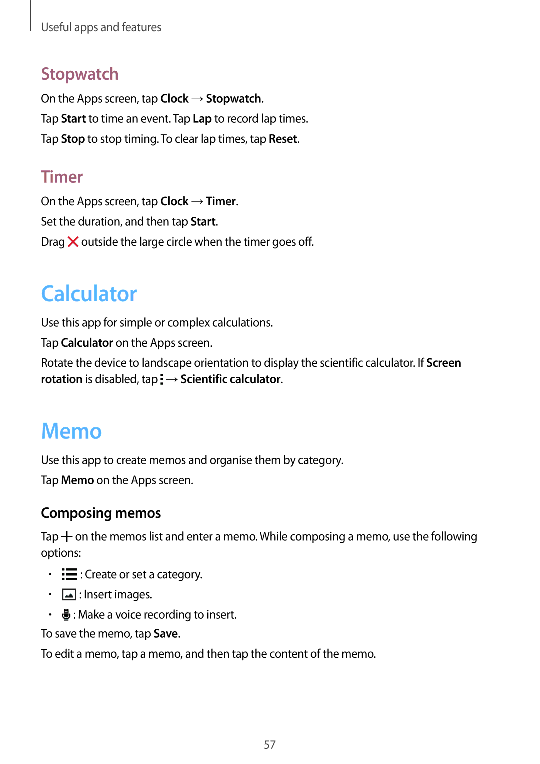 Samsung SM-G318HZKAITV, SM-G318HZKAXEF, SM-G318HRWABOG, SM-G318HZKASFR Calculator, Memo, Stopwatch, Timer, Composing memos 