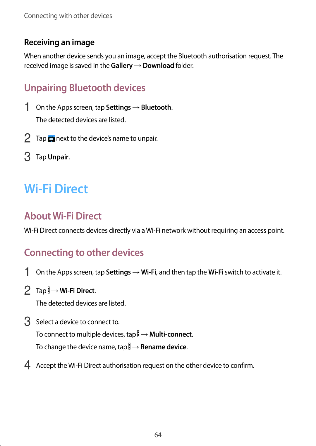 Samsung SM-G318HRWAPHE, SM-G318HZKAXEF Unpairing Bluetooth devices, About Wi-Fi Direct, Connecting to other devices 