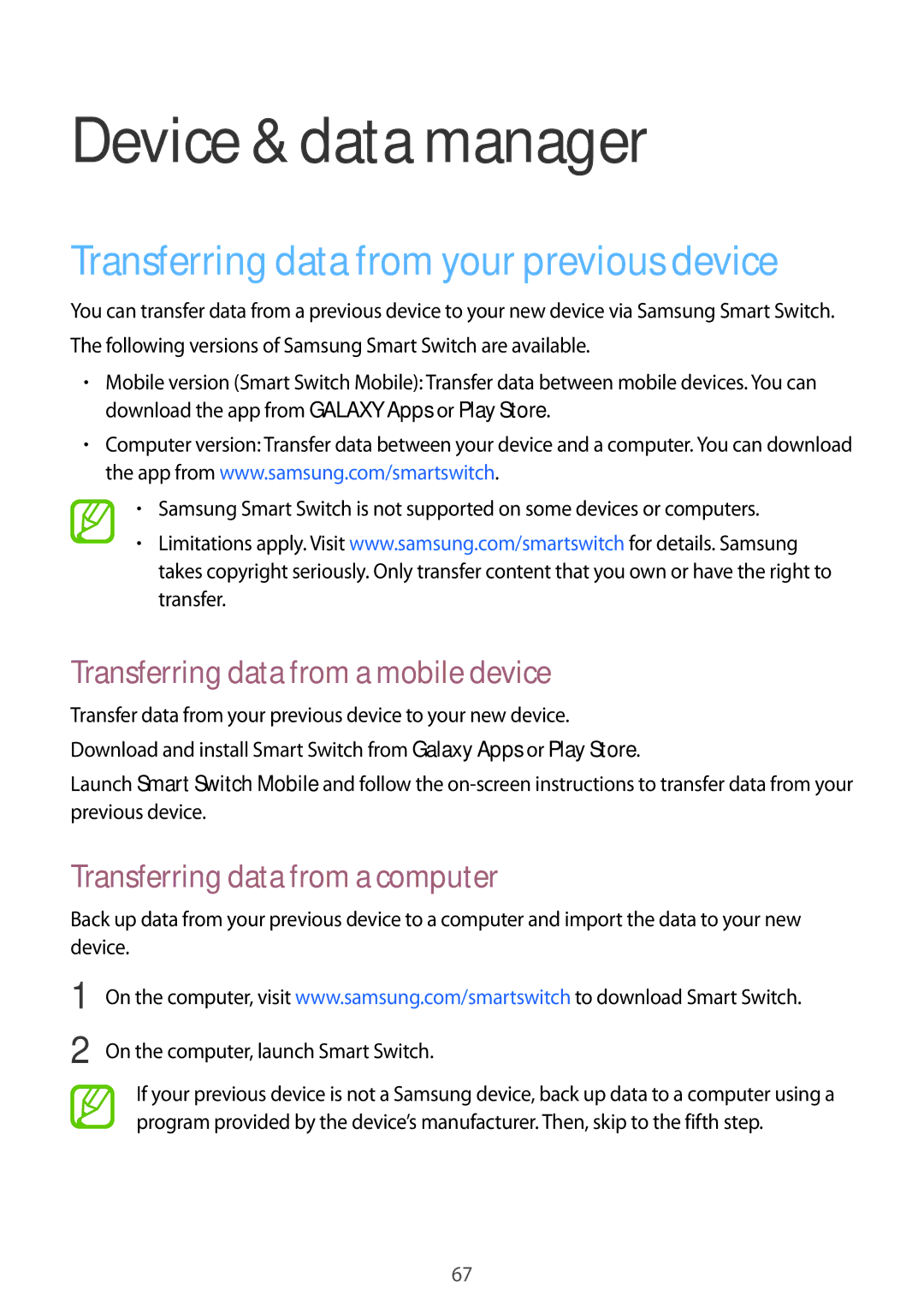 Samsung SM-G318HZKABGL, SM-G318HZKAXEF, SM-G318HRWABOG Device & data manager, Transferring data from your previous device 