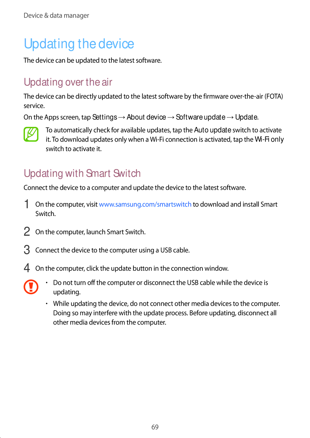 Samsung SM-G318HRWAVVT, SM-G318HZKAXEF manual Updating the device, Updating over the air, Updating with Smart Switch 