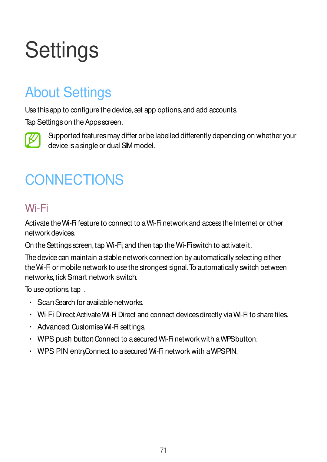 Samsung SM2G318HRWAXEH, SM-G318HZKAXEF, SM-G318HRWABOG, SM-G318HZKASFR, SM-G318HZKABOG manual About Settings, Wi-Fi 