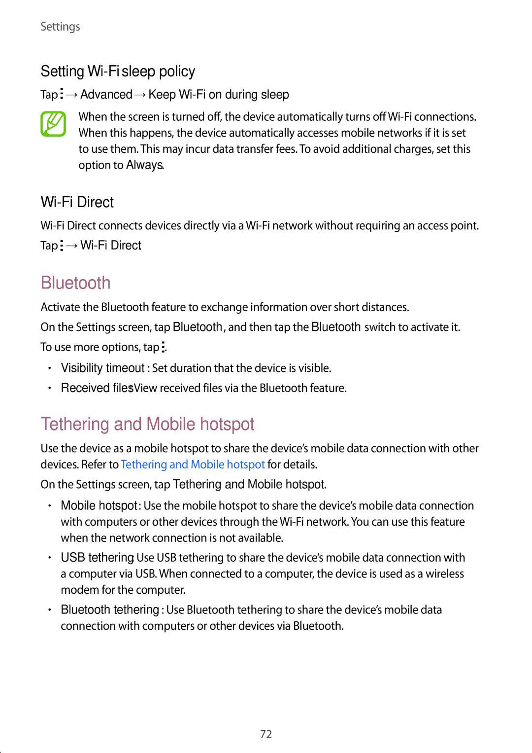 Samsung SM2G318HZKATMH, SM-G318HZKAXEF Bluetooth, Tethering and Mobile hotspot, Setting Wi-Fi sleep policy, Wi-Fi Direct 